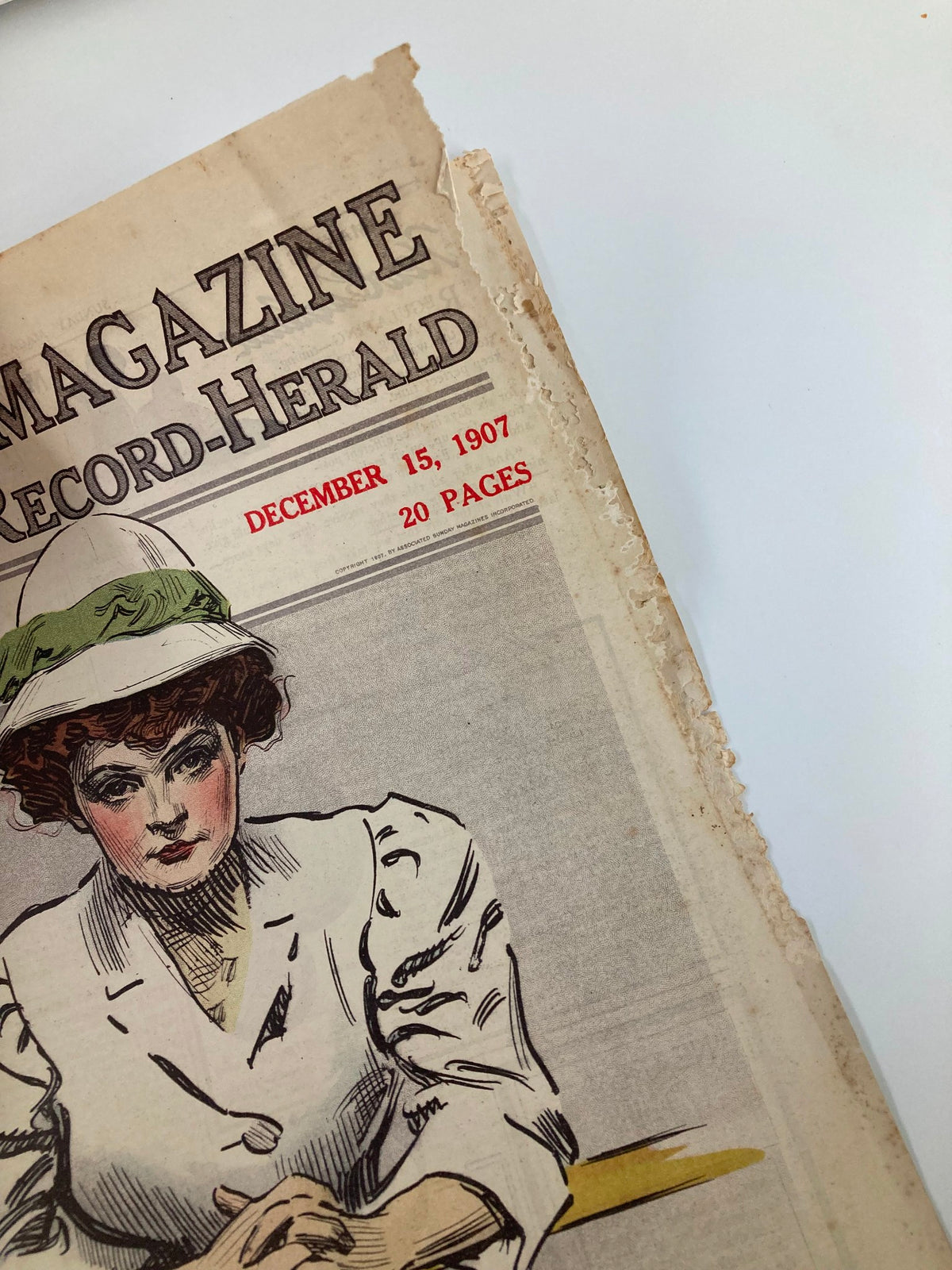 Detail of the cover page of VTG The Sunday Magazine December 15 1907, highlighting the date and page count, connected to 'The Wheel of Fortune'.