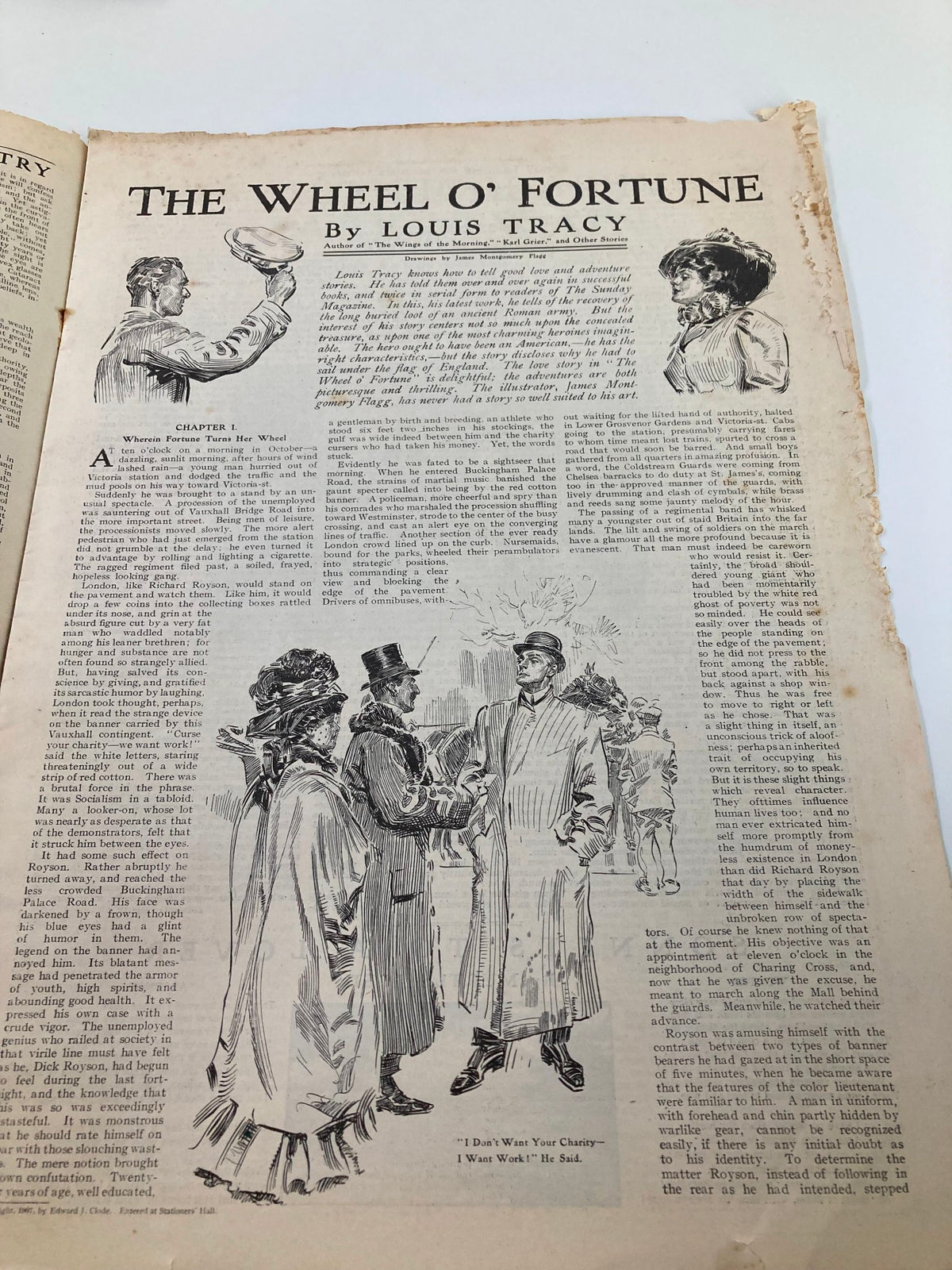 Interior page of VTG The Sunday Magazine December 15 1907, featuring the story 'The Wheel O' Fortune' by Louis Tracy, illustrated characters and text.