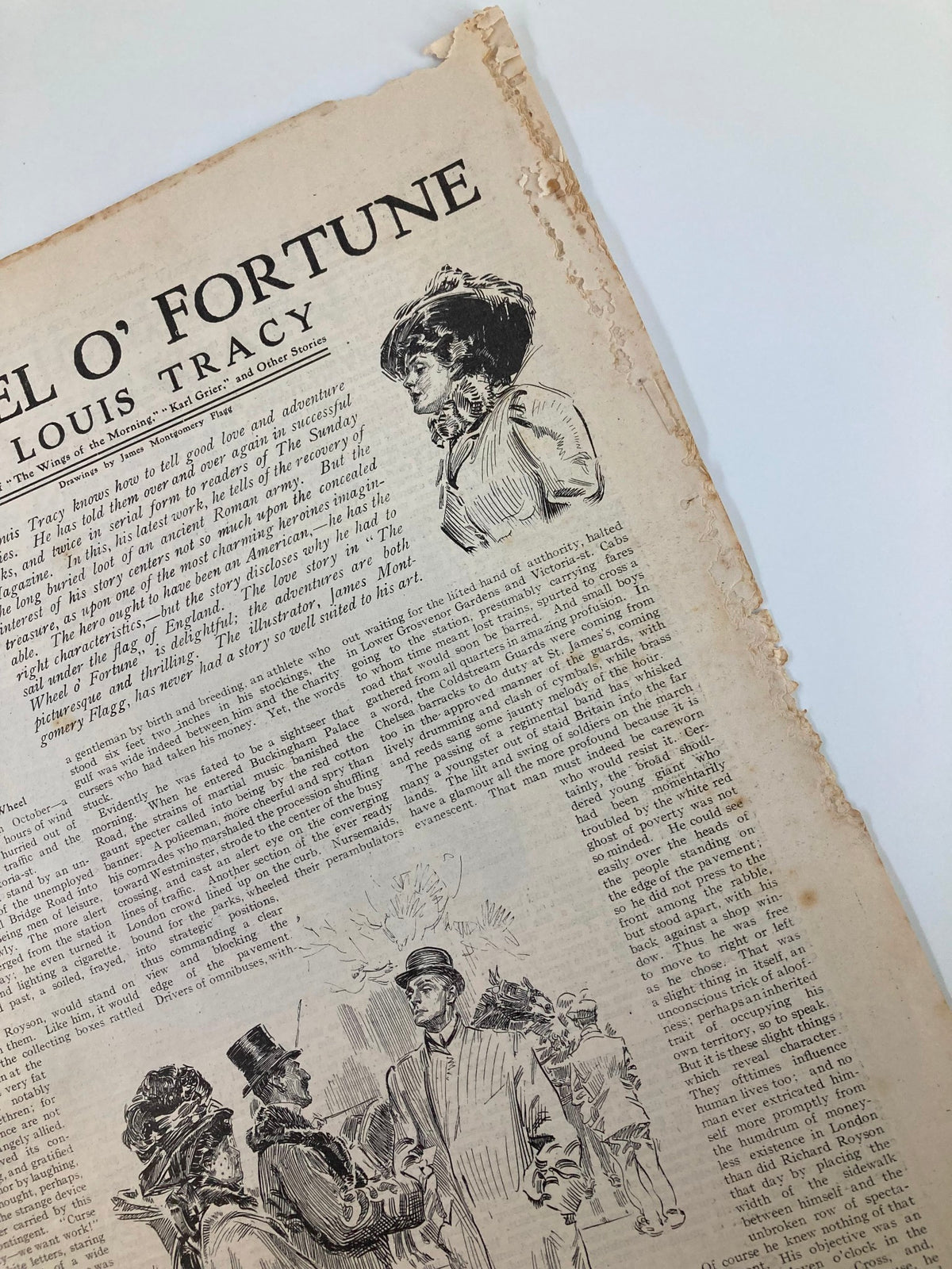 Interior detail from VTG The Sunday Magazine December 15 1907, showcasing an illustration and story excerpt from 'The Wheel O' Fortune' by Louis Tracy.