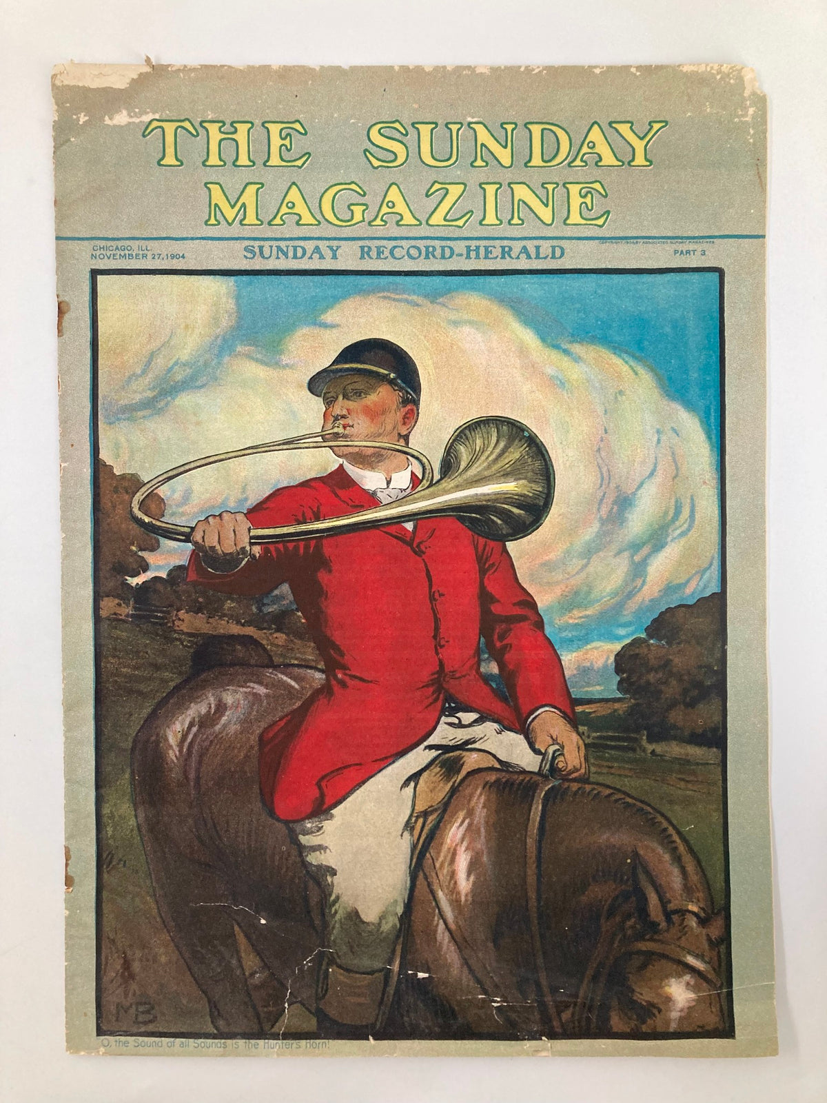 Cover of VTG The Sunday Magazine dated November 27, 1904 featuring an illustration of a man in a red jacket playing a horn on horseback.