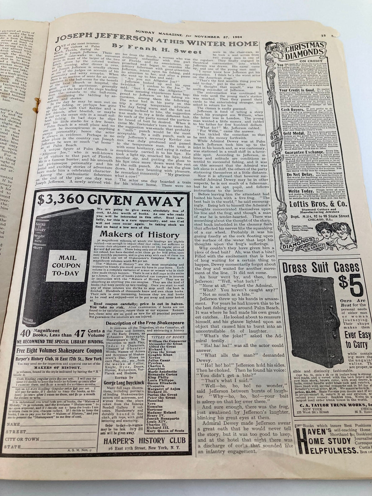 Interior page of the VTG The Sunday Magazine November 27, 1904, showcasing the article about Joseph Jefferson at his winter home, presenting historical content.