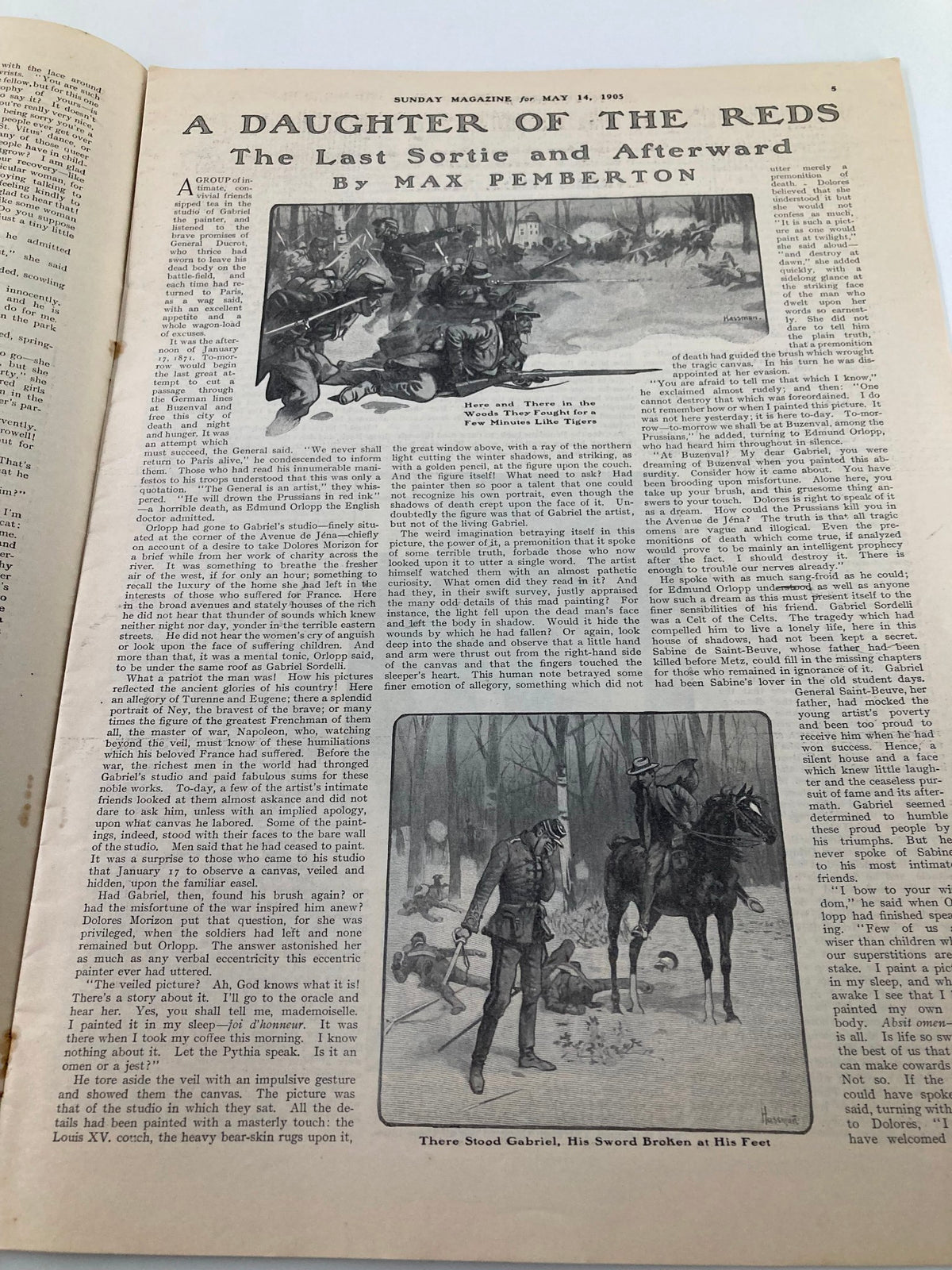 Interior page of VTG The Sunday Magazine May 14 1905 featuring the story 'A Daughter of the Reds' by Max Pemberton, illustrated with historical imagery.
