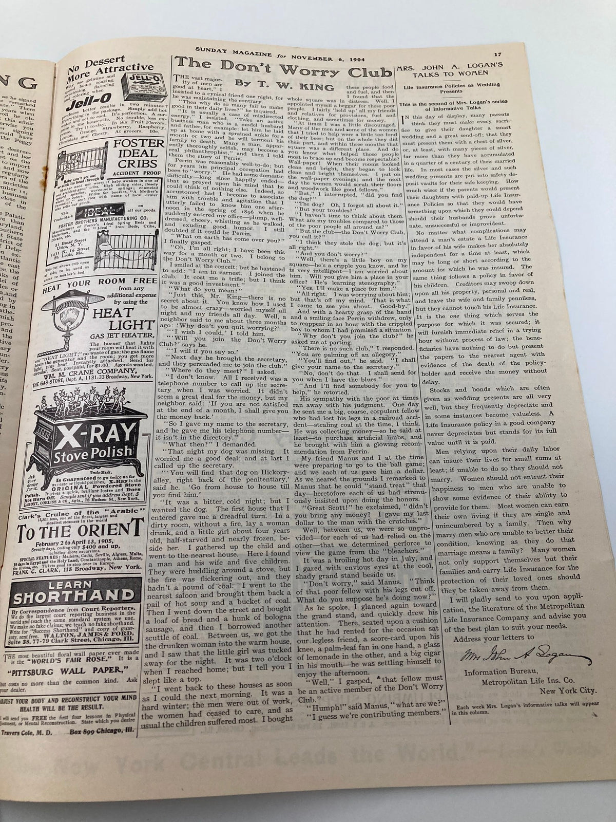 Another inside page of VTG The Sunday Magazine November 6 1904, featuring the article 'The Don't Worry Club' with period advertisements and illustrations.