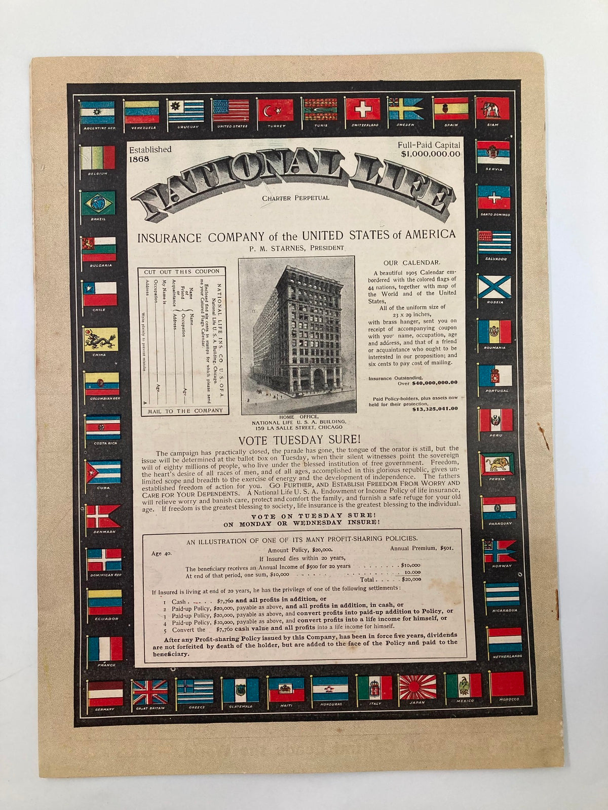 Back cover of VTG The Sunday Magazine November 6 1904, featuring an advertisement for National Life Insurance Company with flags from various countries.