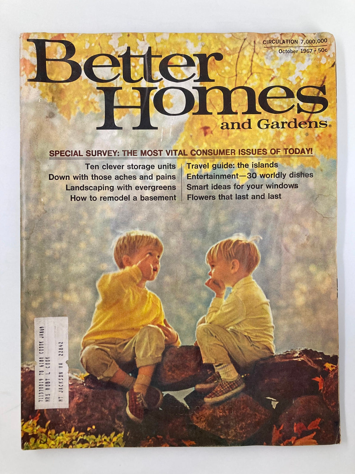 Cover of VTG Better Homes and Gardens Magazine October 1967 featuring two children. This vintage issue focuses on landscaping with evergreens and includes various home and garden tips.