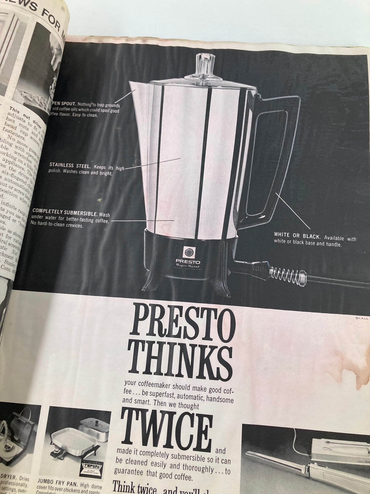 Product advertisement from VTG Better Homes and Gardens Magazine October 1967 showcasing a Presto coffee maker with features highlighted.