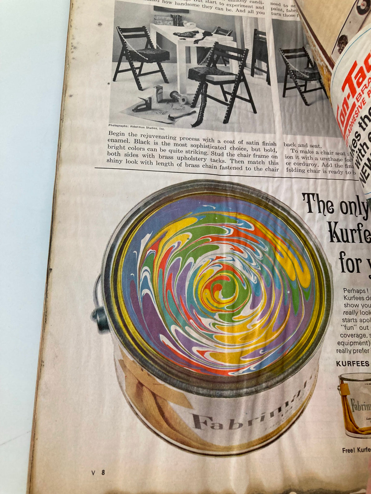 An image from the VTG Better Homes and Gardens Magazine October 1967, showcasing a colorful paint can 'Fabrinat' with vibrant swirls, illustrating creative home decor ideas.