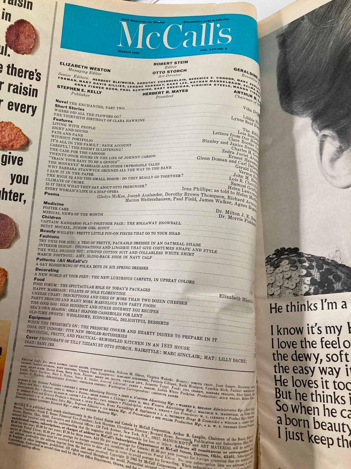 Interior page of the vintage McCall's Magazine March 1965, displaying the table of contents along with the title of the magazine, featuring Tilly Tizzani's cover photograph by O. Storch.