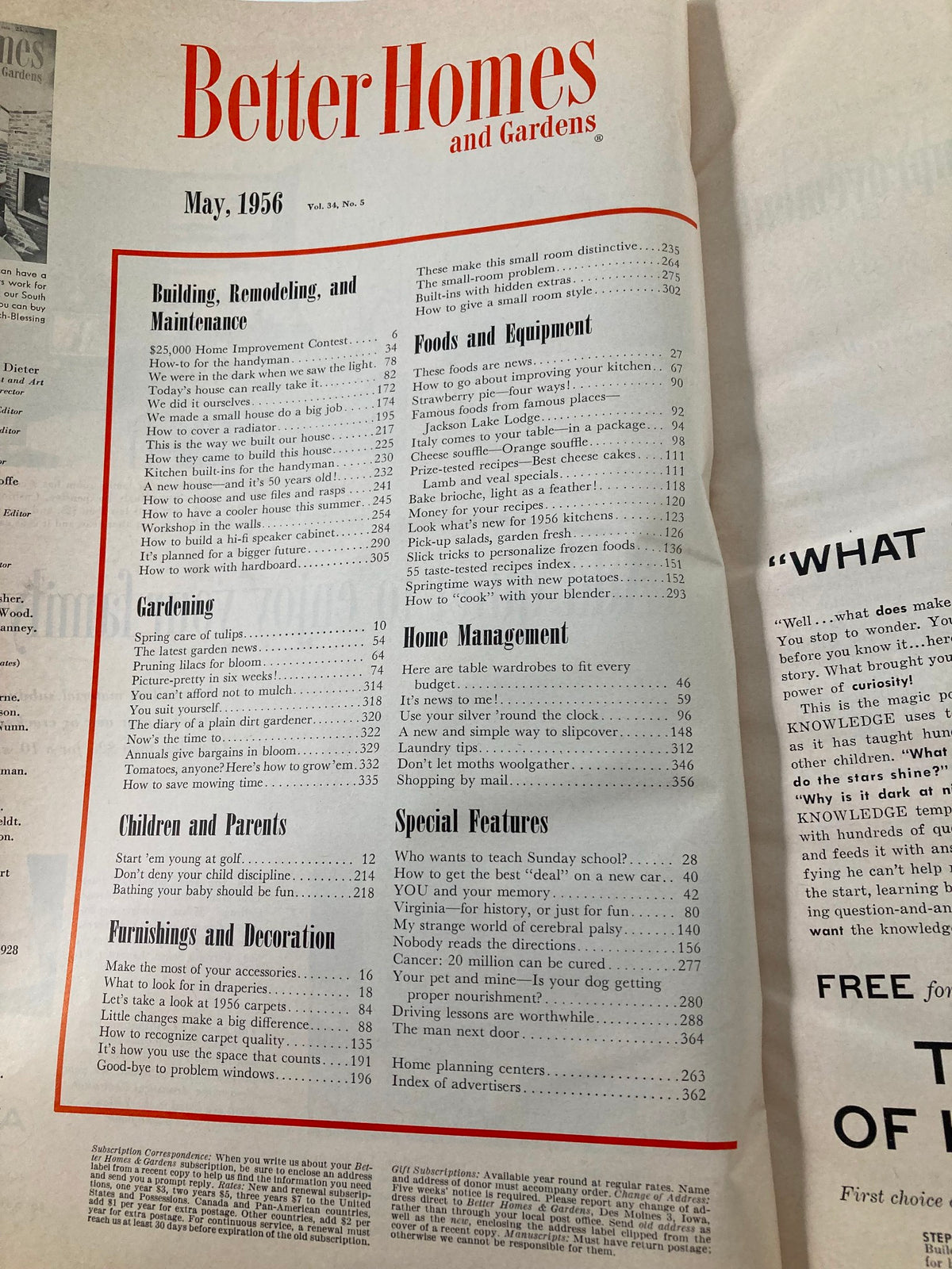 Table of contents of VTG Better Homes and Gardens Magazine May 1956, outlining articles on home improvement, gardening, and family life.