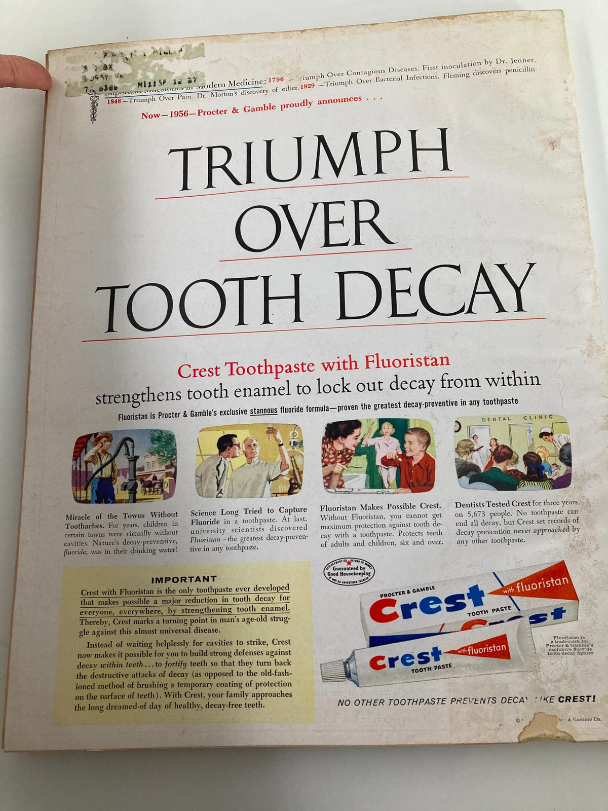 Back cover of VTG Better Homes and Gardens Magazine May 1956 featuring an advertisement for Crest toothpaste, highlighting dental health.