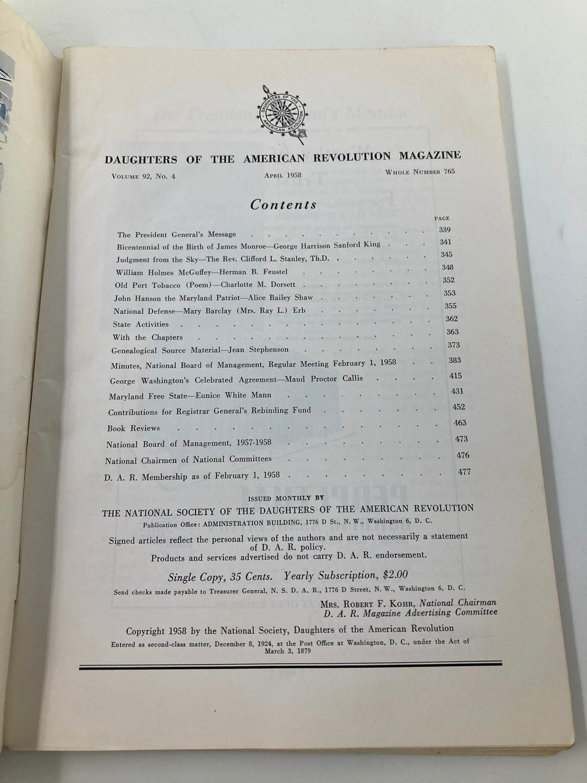 Daughters of the American Revolution Magazine April 1958 contents page featuring articles on historical topics and messages from the President General. This vintage publication showcases significant contributions from the Daughters of the American Revolution.