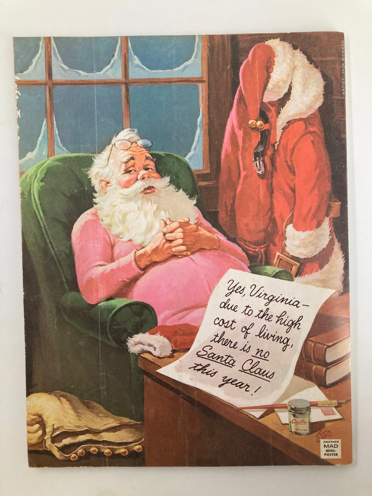 Back cover of Mad Magazine 1978 No. 27 depicting a satirical scene with Santa Claus in distress, holding a letter reading 'Yes Virginia - due to the high cost of living, there is no Santa Claus this year!'