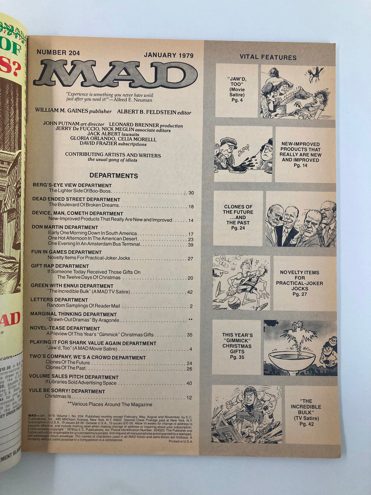 Table of contents from Mad Magazine January 1979 No. 204 featuring humor department sections and vital features summary.