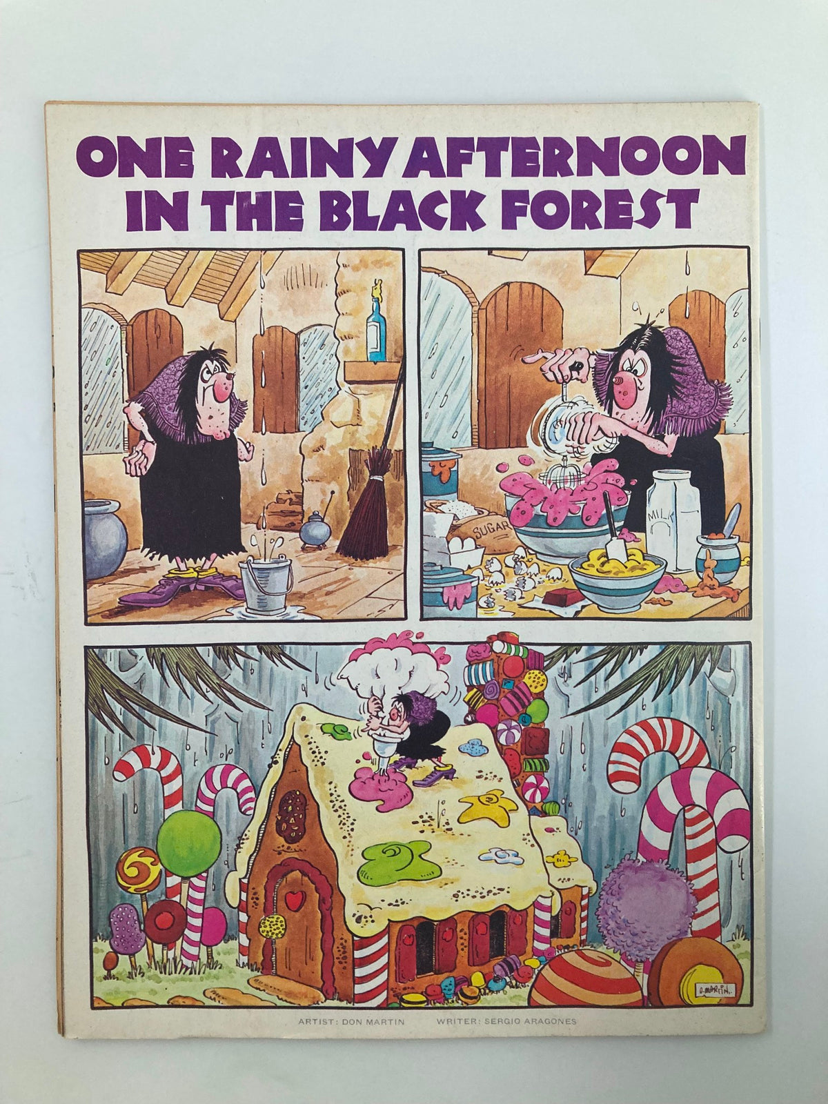 Comic strip titled 'One Rainy Afternoon in the Black Forest' from Mad Magazine showcasing humorous illustrations by Don Martin and Sergio Aragones.