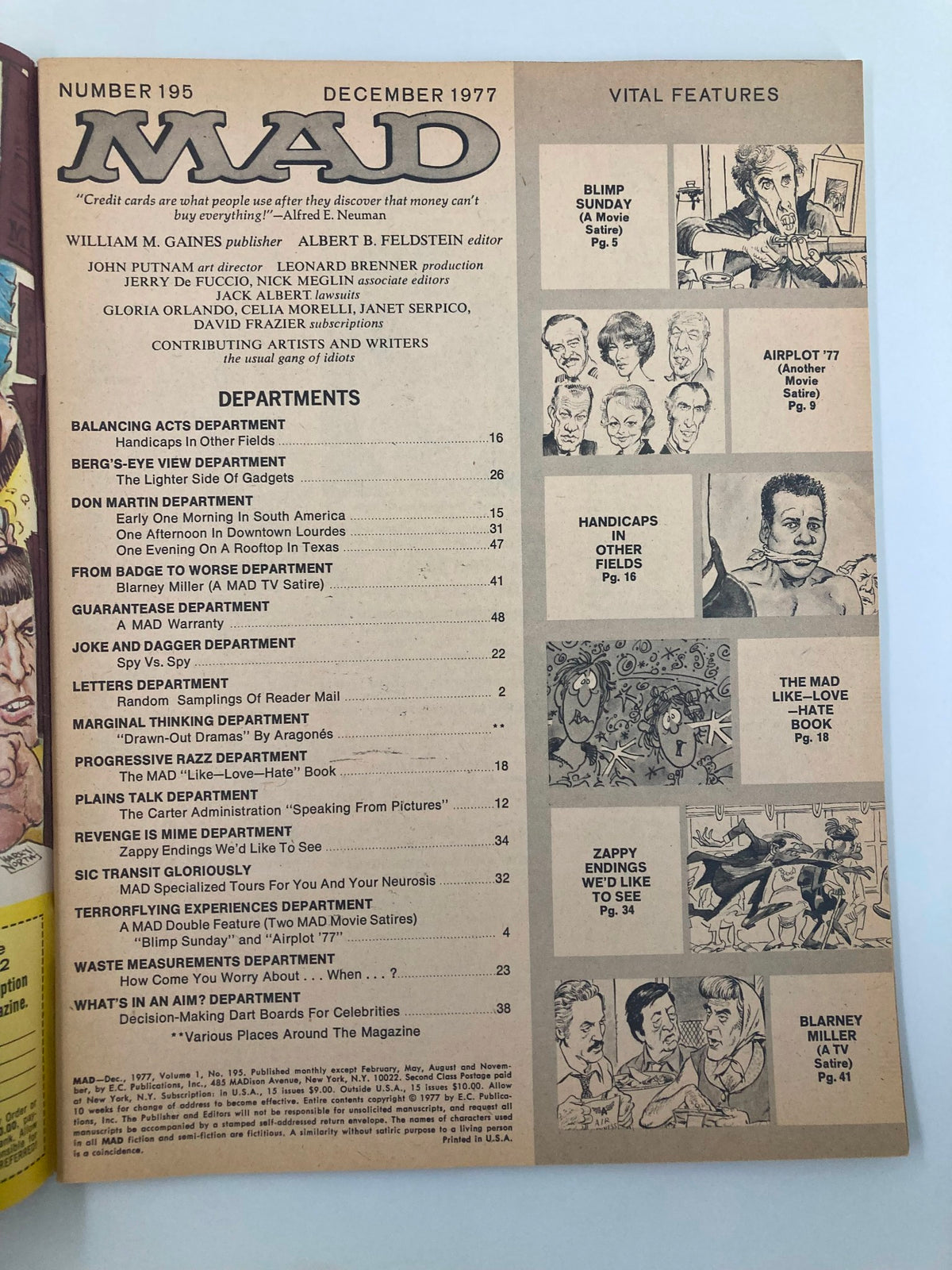 Inside cover of Mad Magazine December 1977 No. 195, displaying the table of contents and department listings.
