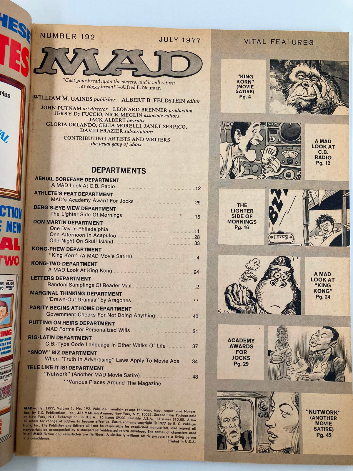 Interior page of Mad Magazine July 1977 No. 192 displaying the table of contents and features of the magazine including movie satire and cultural commentary.