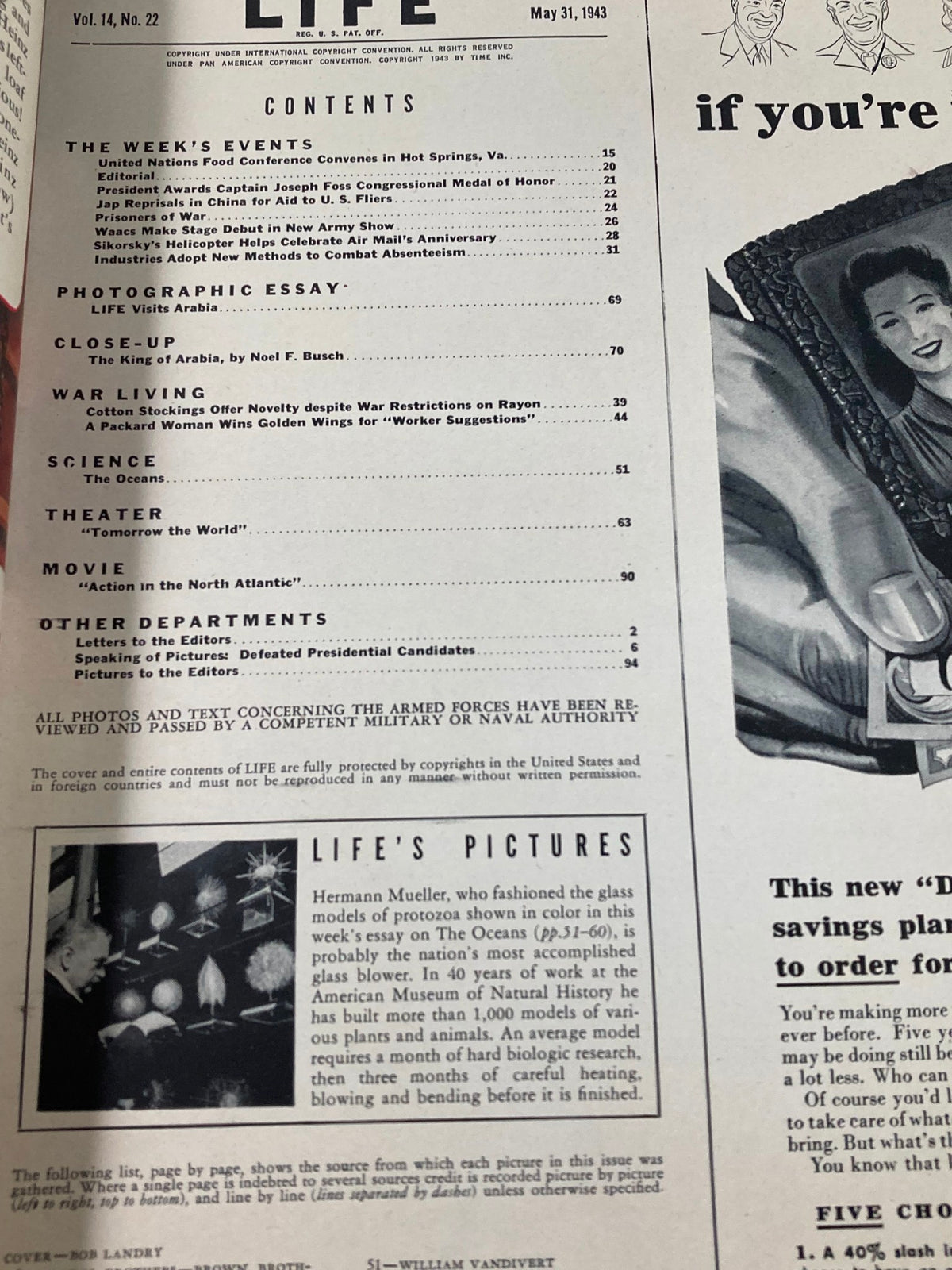 Contents page of VTG Life Magazine May 31, 1943 featuring articles and features, including King Ibn Saud of Saudi Arabia.