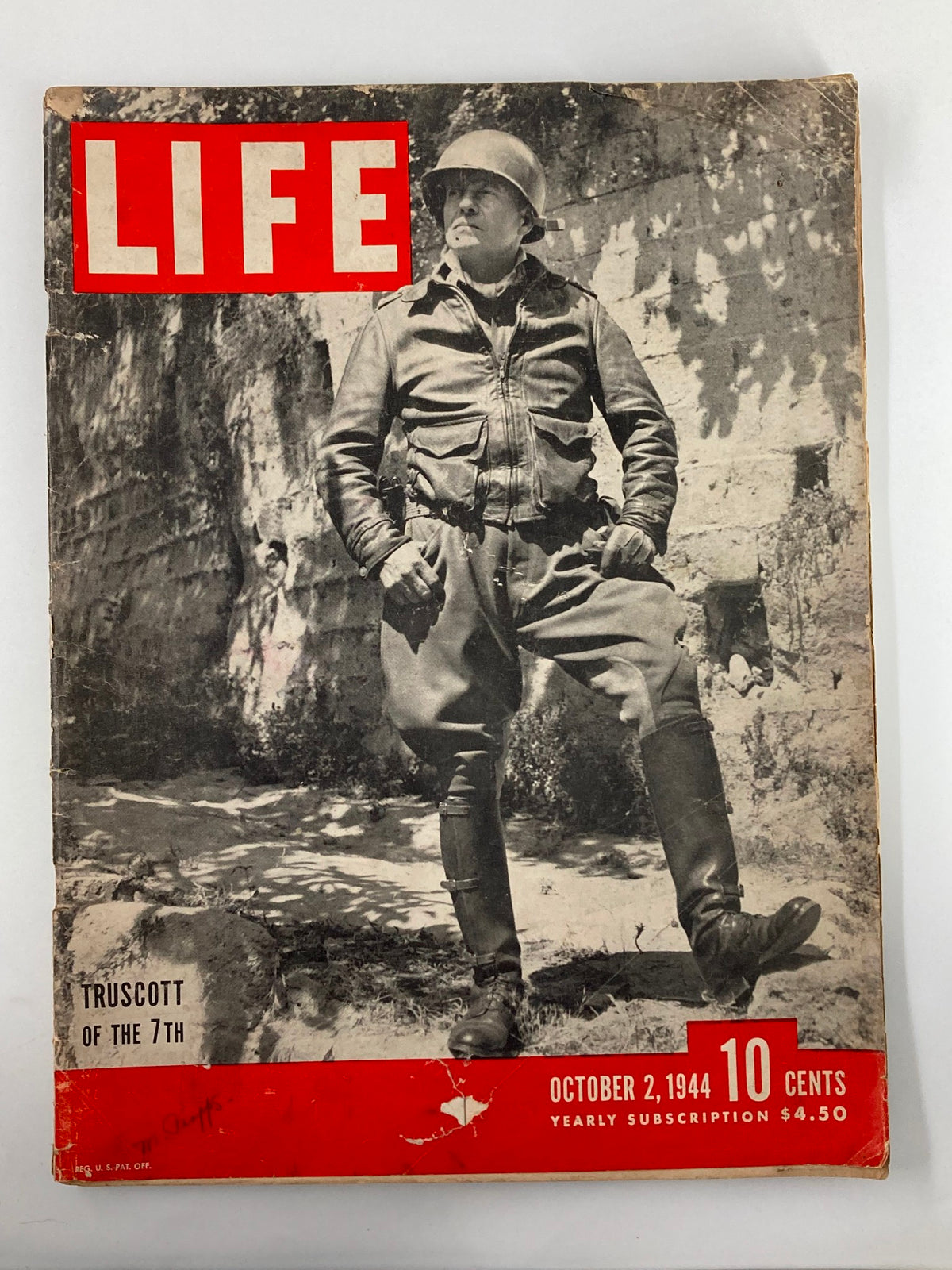 Vintage Life Magazine cover from October 2, 1944 featuring General Lucian King Truscott Jr. of The 7th Army, showcasing a wartime photograph with bold red and white text.