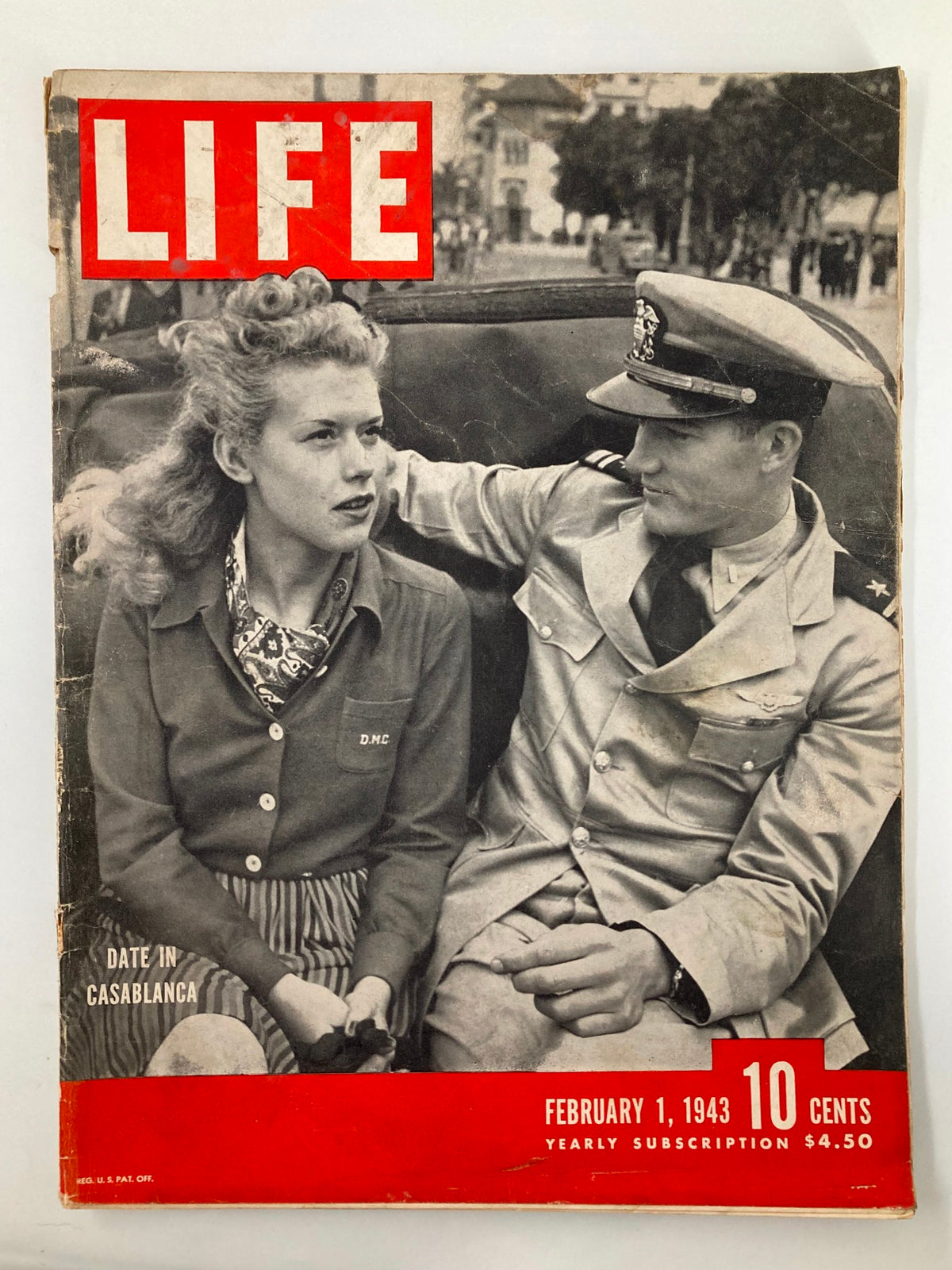 Cover of VTG Life Magazine February 1 1943 featuring 'A Date in Casablanca,' showcasing a scene with a woman and a man, reflective of 1940s culture.
