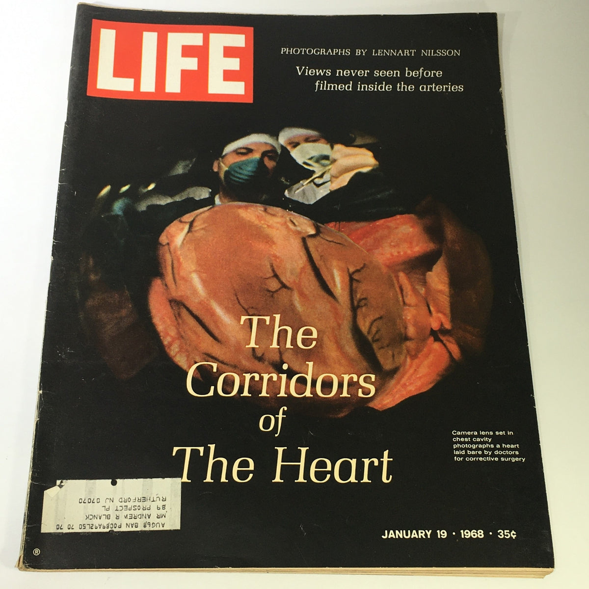 Cover of the vintage Life Magazine from January 19, 1968, featuring the title 'The Corridors of The Heart.' The image showcases a heart being examined by medical professionals, highlighting significant health insights and the era's photographic excellence.