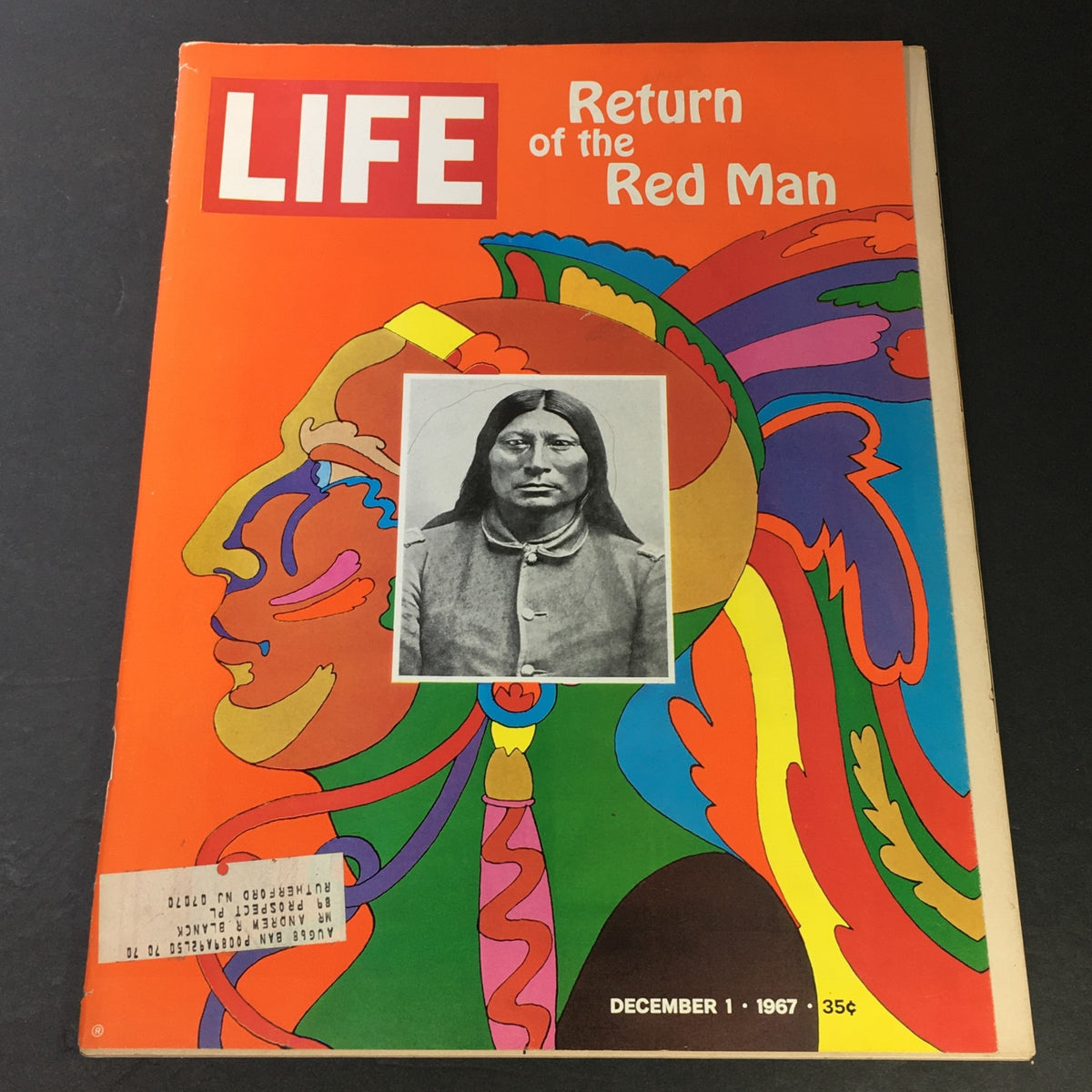 Vintage Life Magazine cover from December 1, 1967, featuring the title 'Return of the Red Man' with a colorful background and a central black and white portrait of a Native American man.