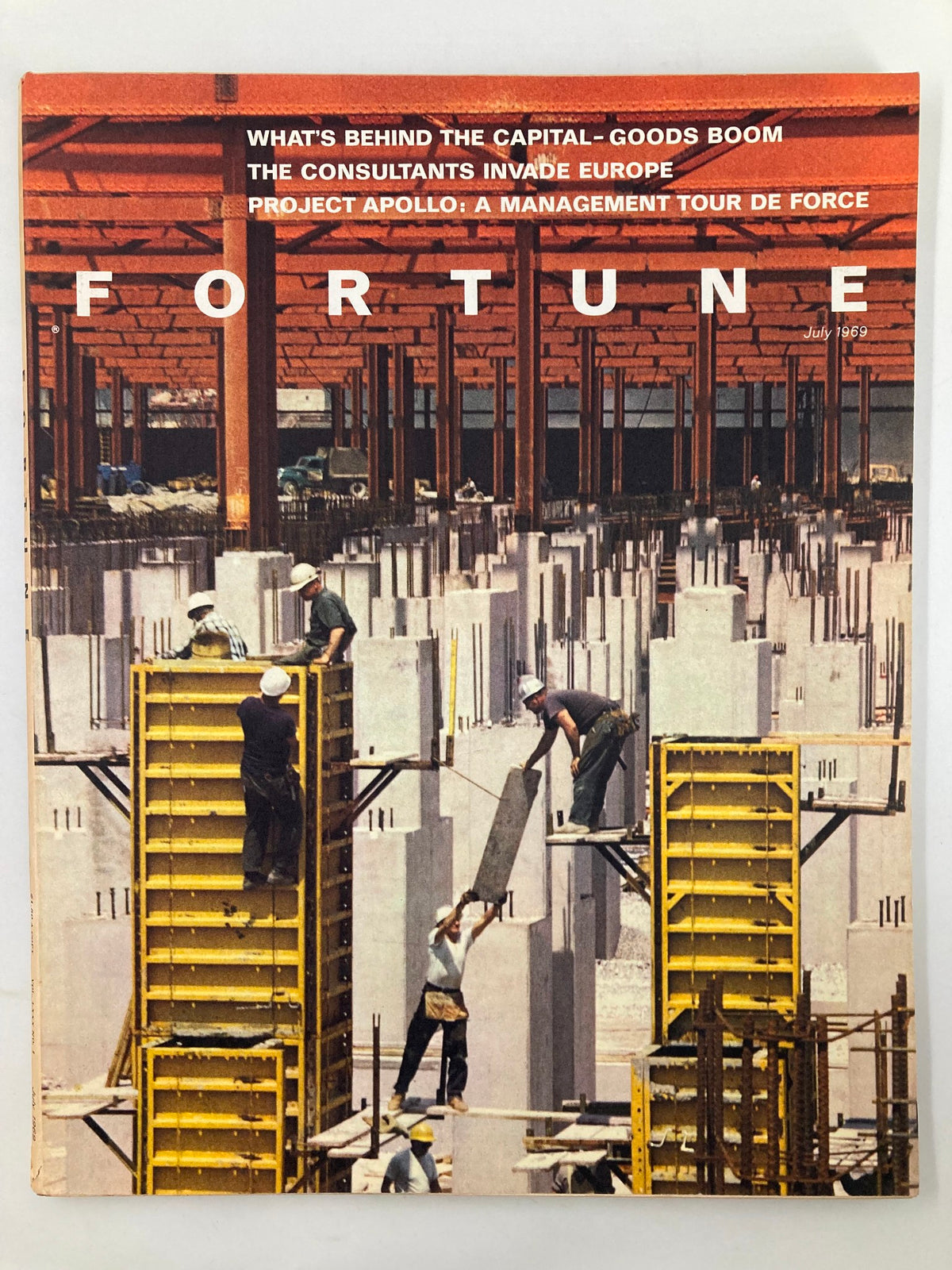 Cover of the vintage Fortune Magazine from July 1969, featuring the headline 'The Consultants Invade Europe' alongside images of construction workers illustrating the capital-goods boom.