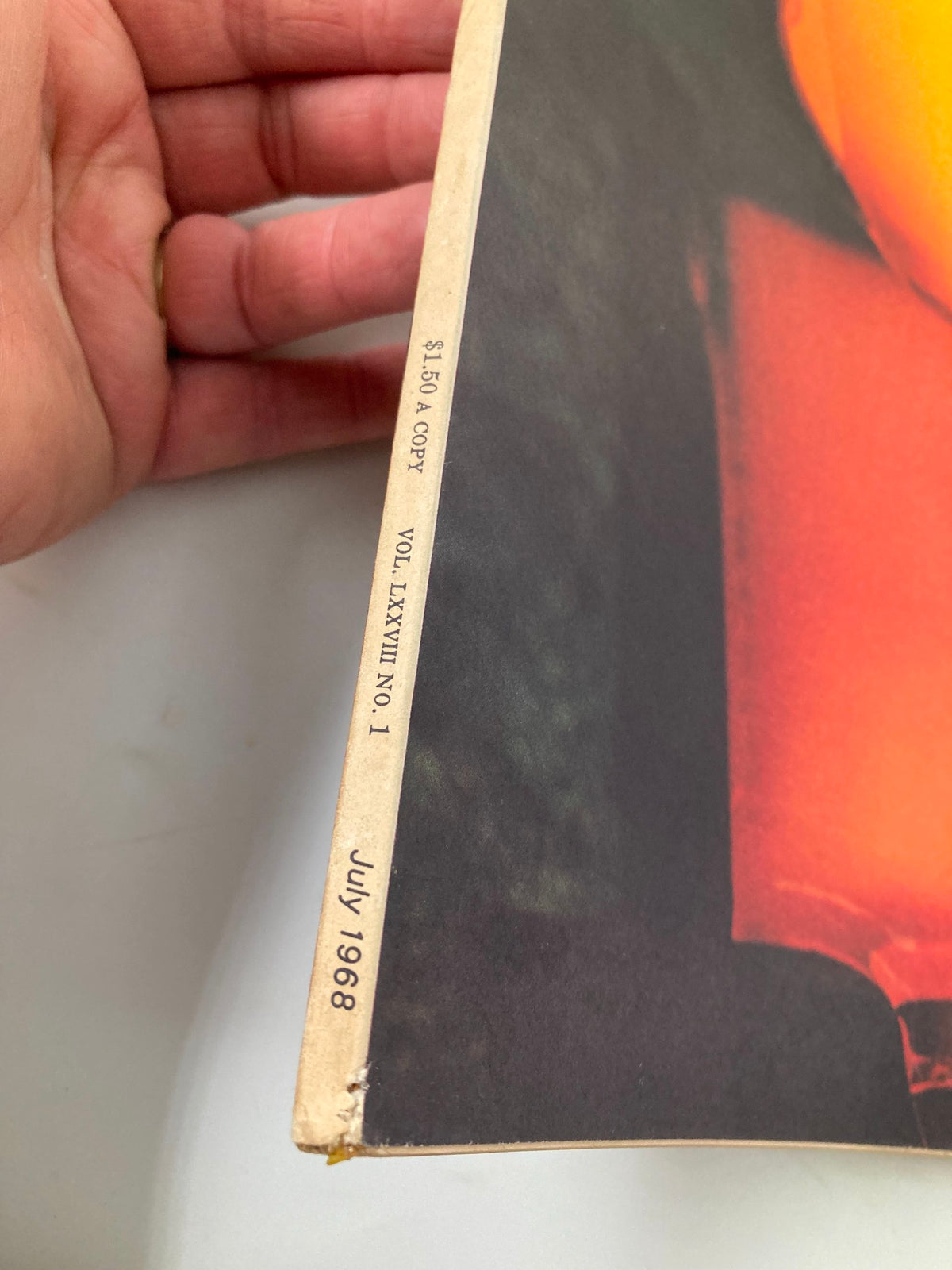 Side view of the VTG Fortune Magazine July 1968 showing the spine detail, including the volume and issue information.