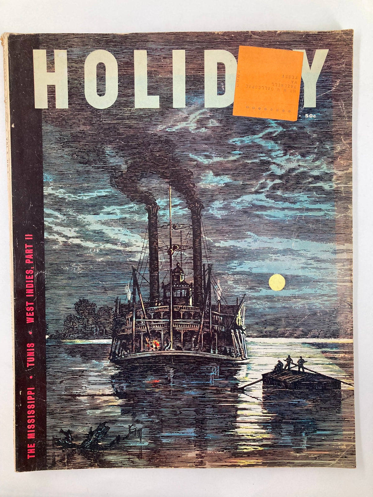 Cover of Vintage Holiday Magazine March 1949 Vol 5 #3 Moonlight on the Mississippi showcasing a steamboat on the river under a moonlit sky with clouds.