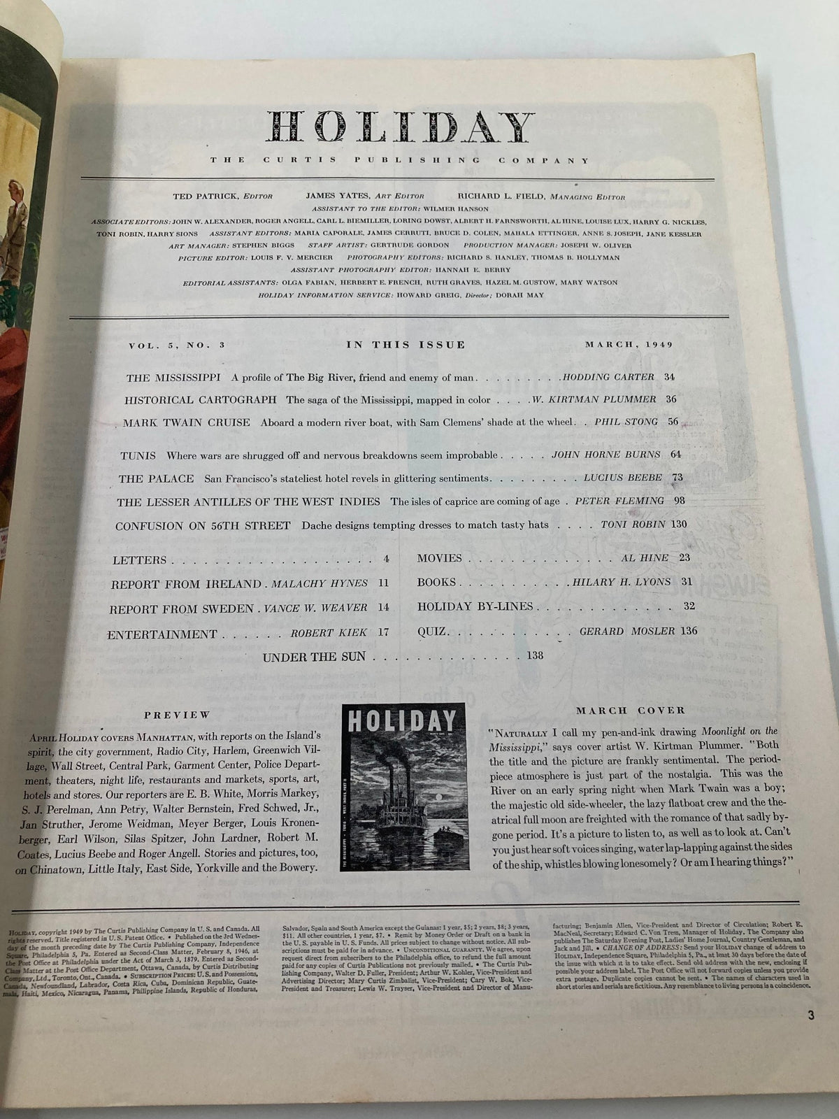 Page from the VTG Holiday Magazine March 1949 Vol 5 #3 featuring the table of contents and previews of articles, reflecting the cultural essence of post-war America.