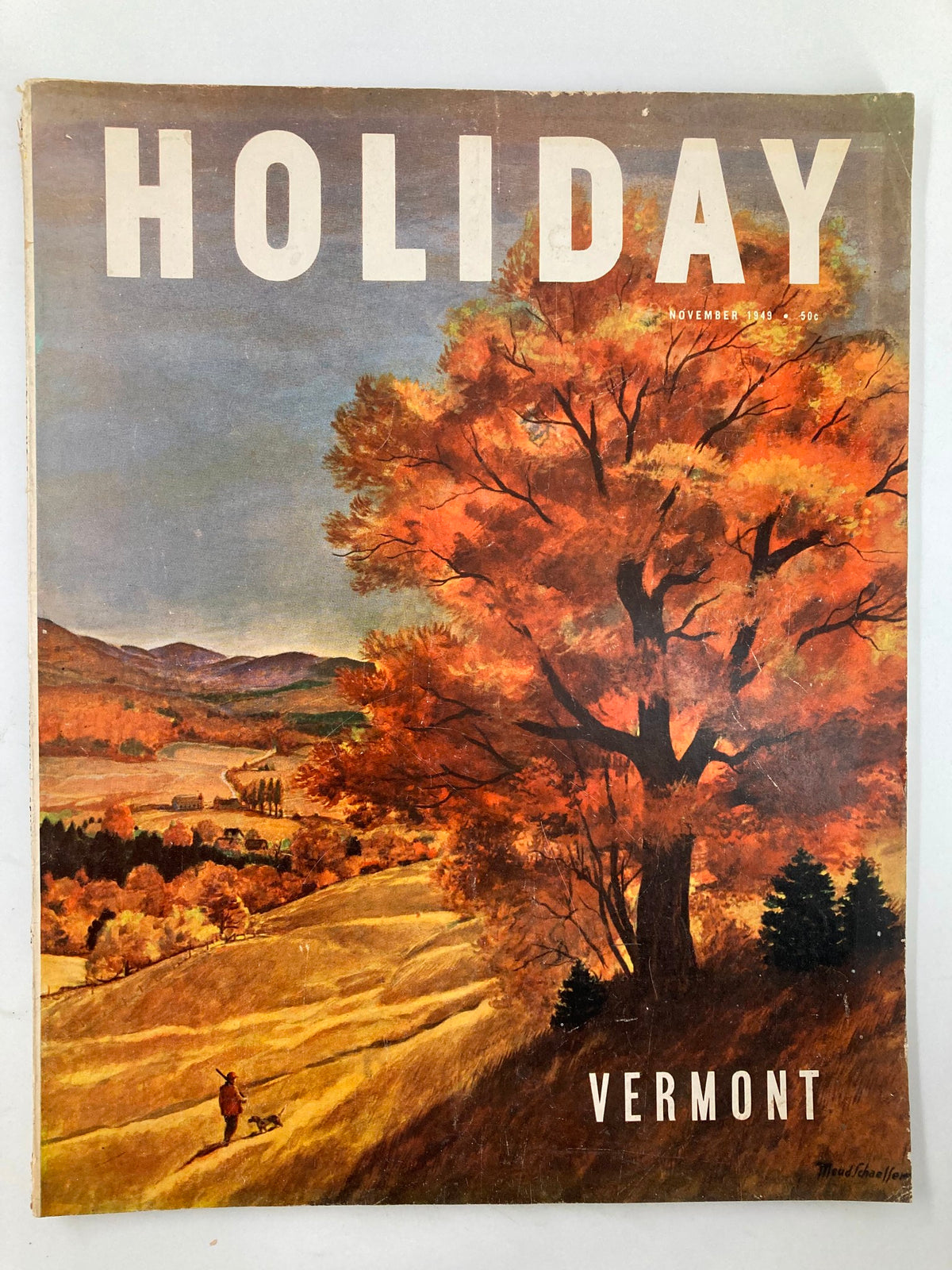 Cover of the VTG Holiday Magazine November 1949 titled 'Memory of Mt. Vermont Autumns' featuring a vibrant autumn landscape with orange trees and a figure walking a dog.
