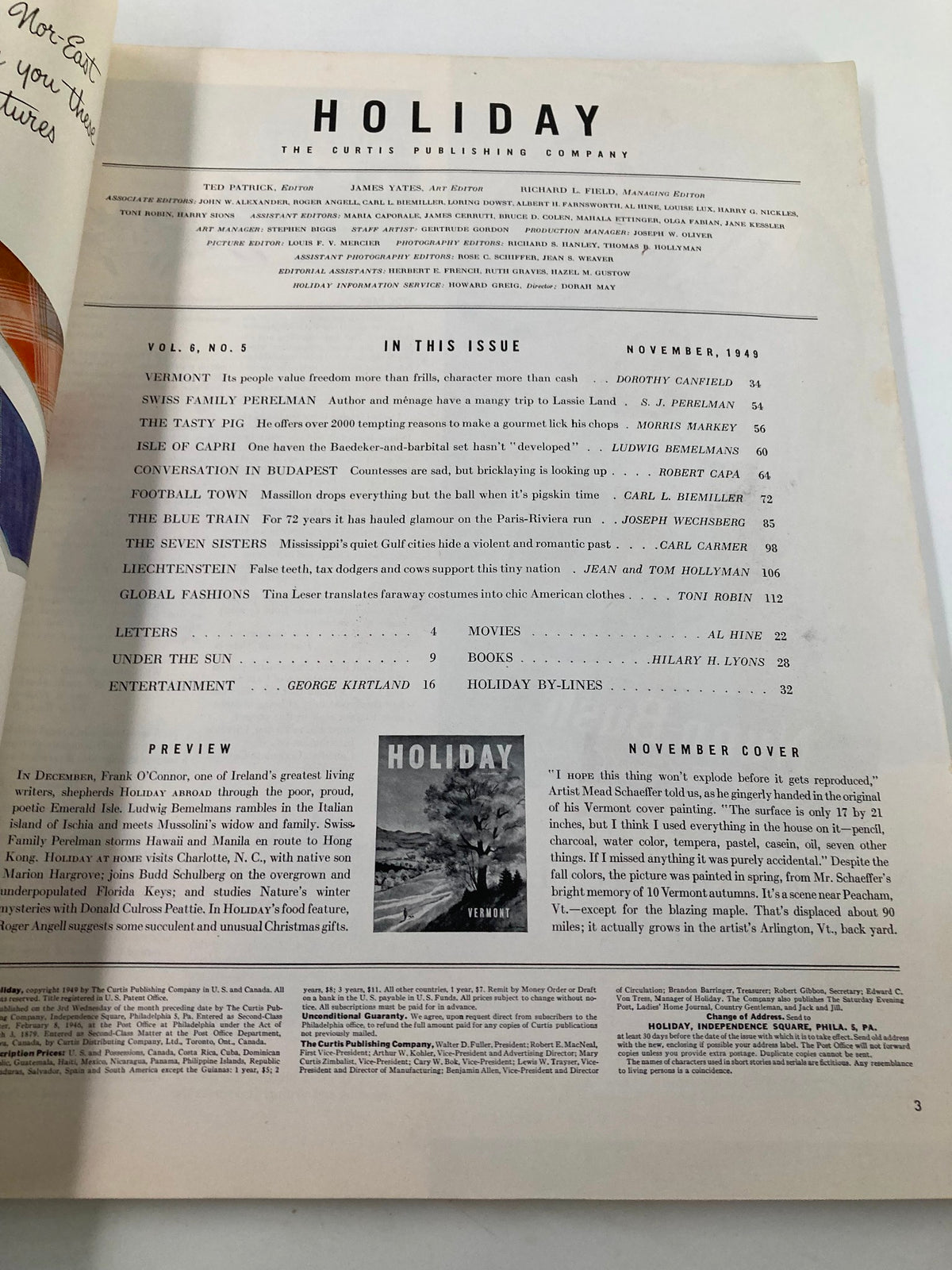 Inside page of the VTG Holiday Magazine November 1949 titled 'Memory of Mt. Vermont Autumns', displaying the contents section including 'Vermont' and other articles.