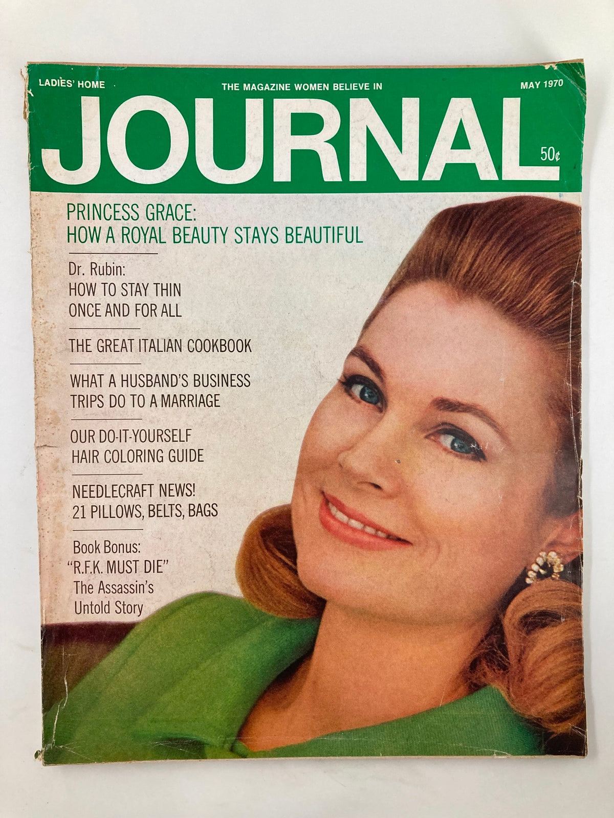Cover of the Ladies' Home Journal Magazine May 1970 edition featuring the title "Never Underestimate the Power of a Woman" and a woman with styled hair wearing a green outfit.