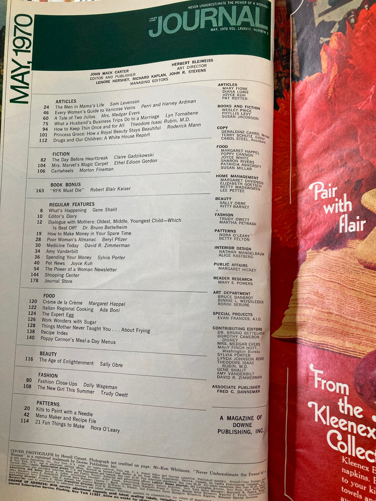 Inside page of Ladies' Home Journal Magazine May 1970 displaying the table of contents with various articles and features related to women's topics.