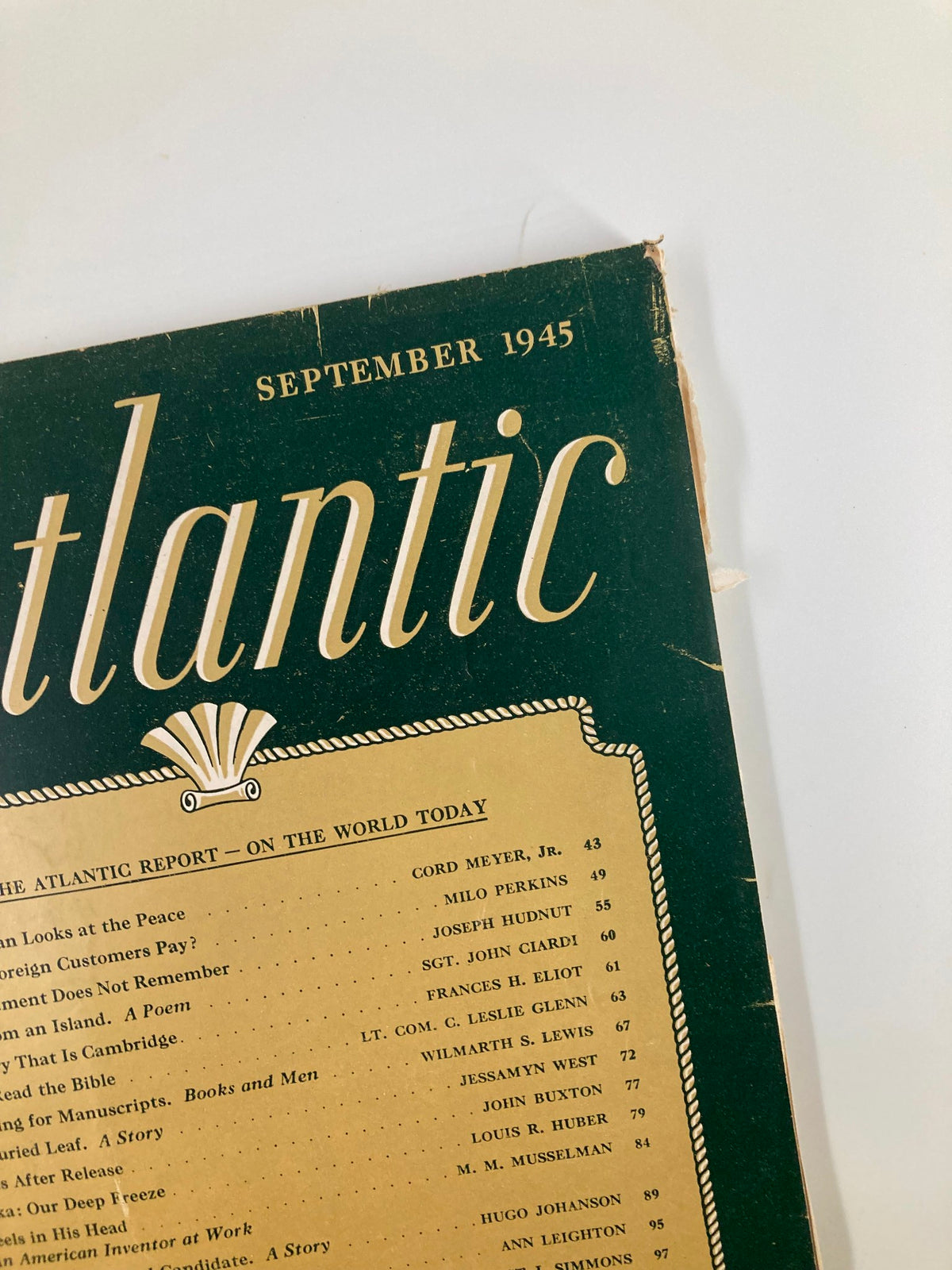 Cover detail of VTG The Atlantic Magazine September 1945, showcasing the title and issue date along with a glimpse of the articles featured.