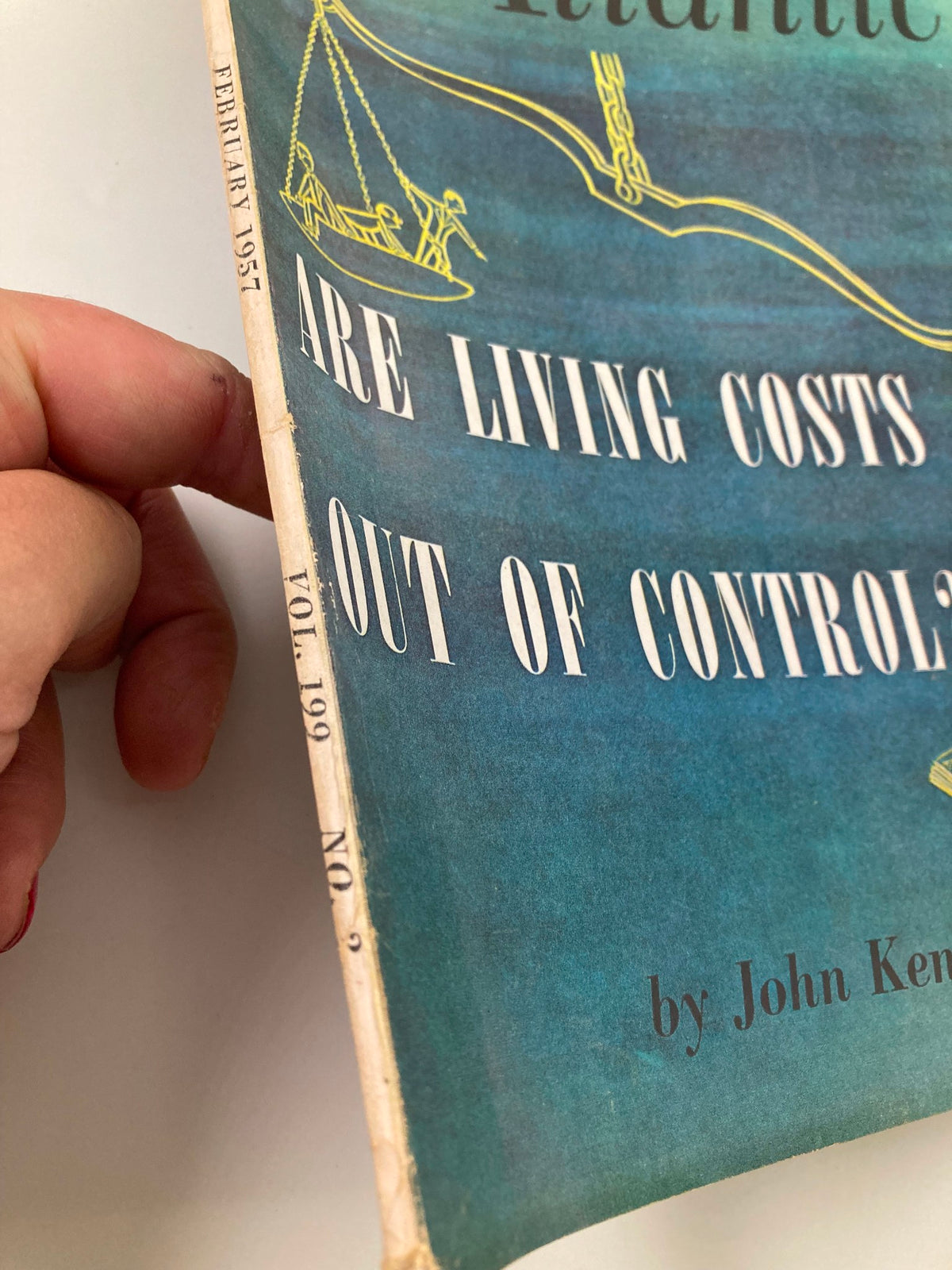 Spine view of the February 1957 issue of The Atlantic Magazine showing the title 'Are Living Costs Out of Control?' along with volume and issue number details.