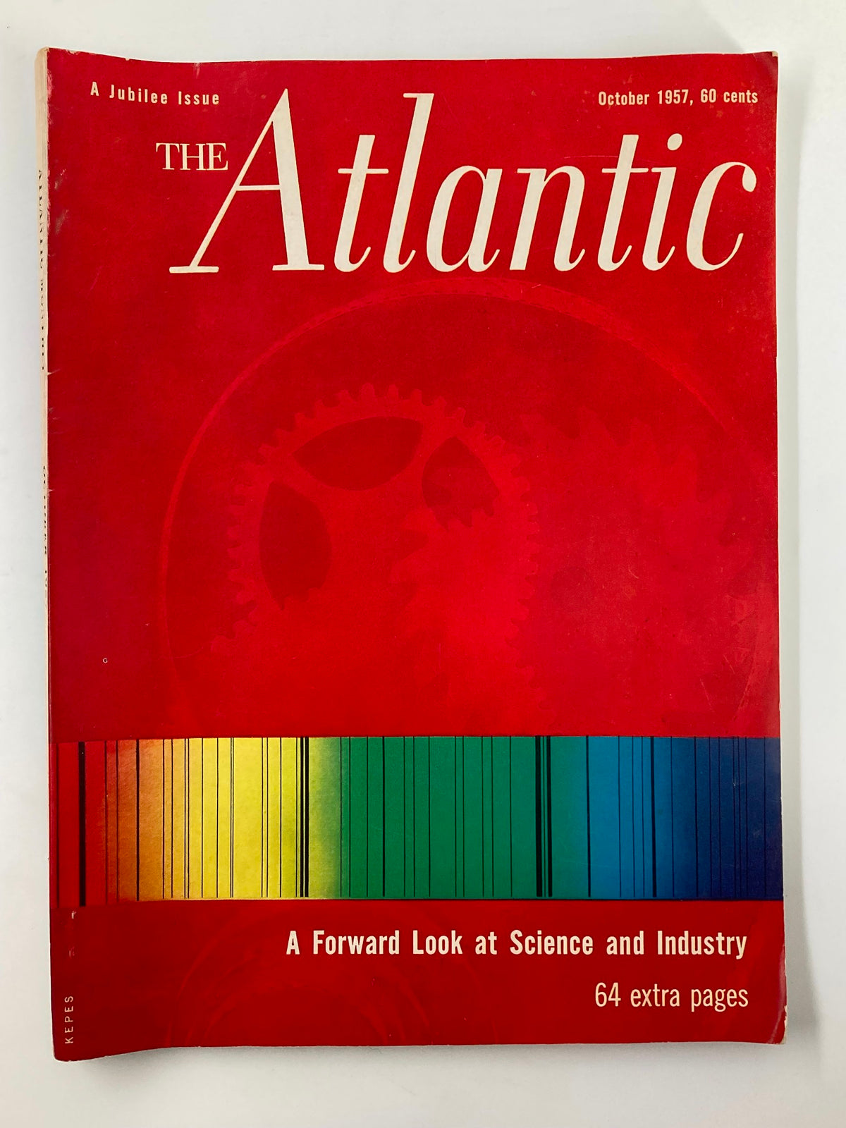 VTG The Atlantic Magazine October 1957 cover featuring a vibrant design with a rainbow spectrum and the title 'The Atlantic'. The issue includes a forward look at science and industry.