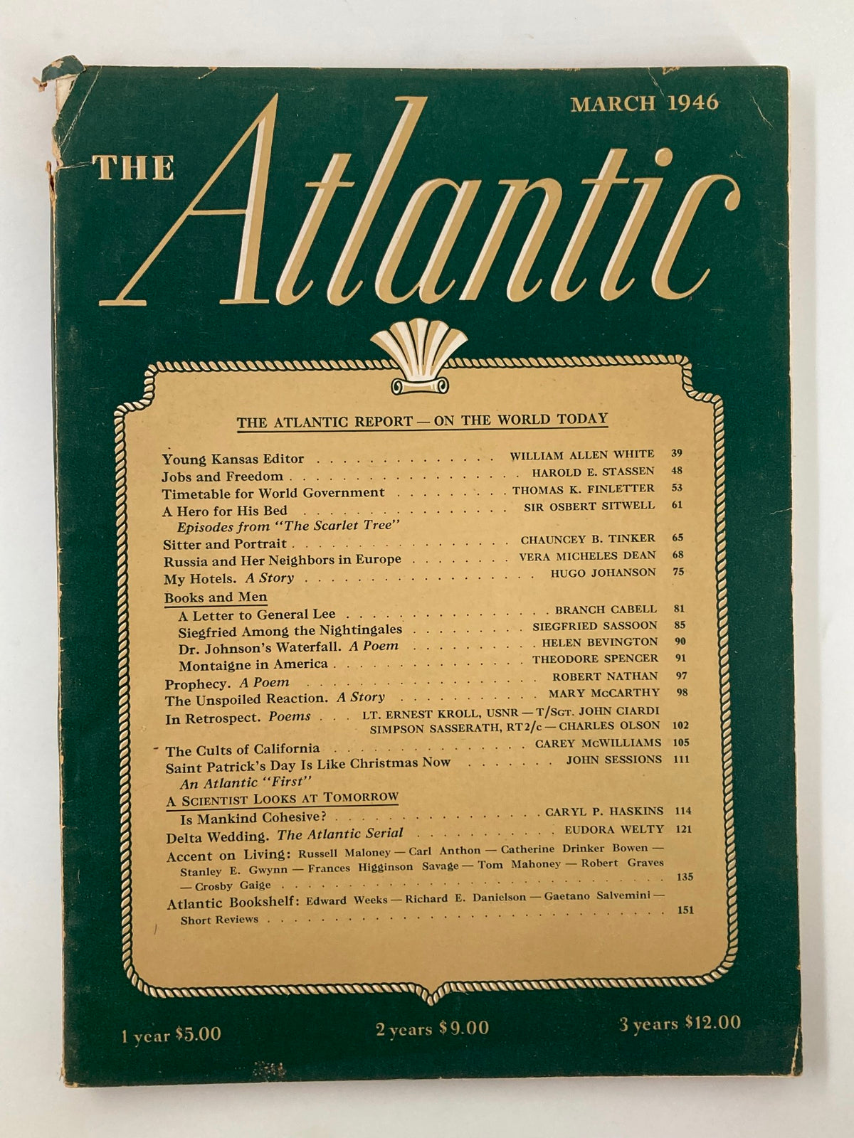 Cover of the March 1946 issue of The Atlantic Magazine featuring the title and table of contents highlighting 'The Cults of California'.