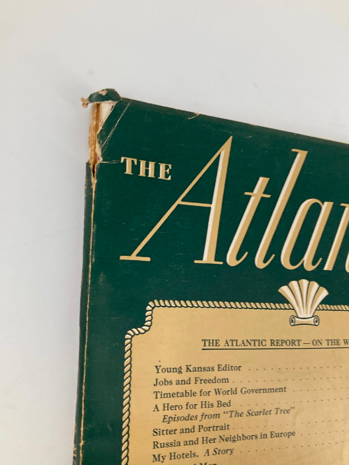 Close-up of the top corner of the March 1946 The Atlantic Magazine, showcasing the title and minor wear consistent with its vintage status.