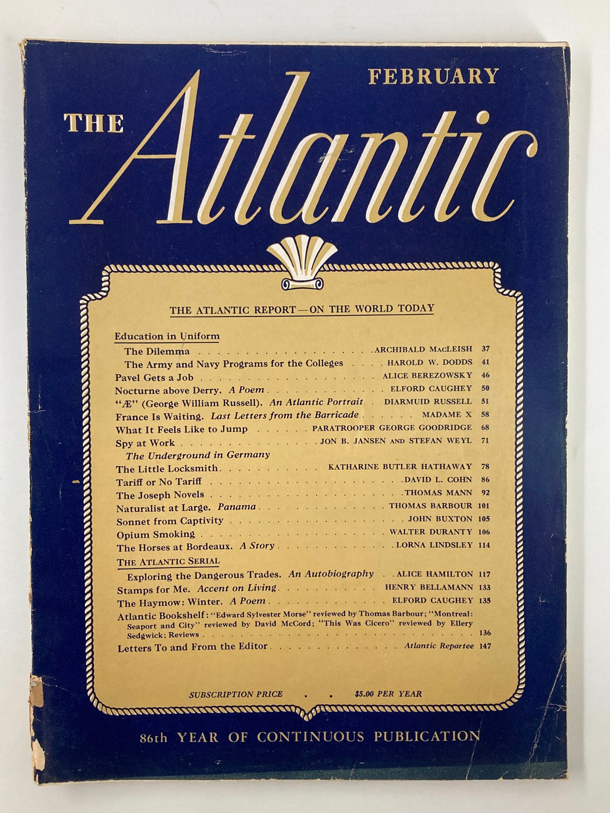 Cover of VTG The Atlantic Magazine February 1943 featuring articles on Army and Navy programs, historical design, and subscription information.