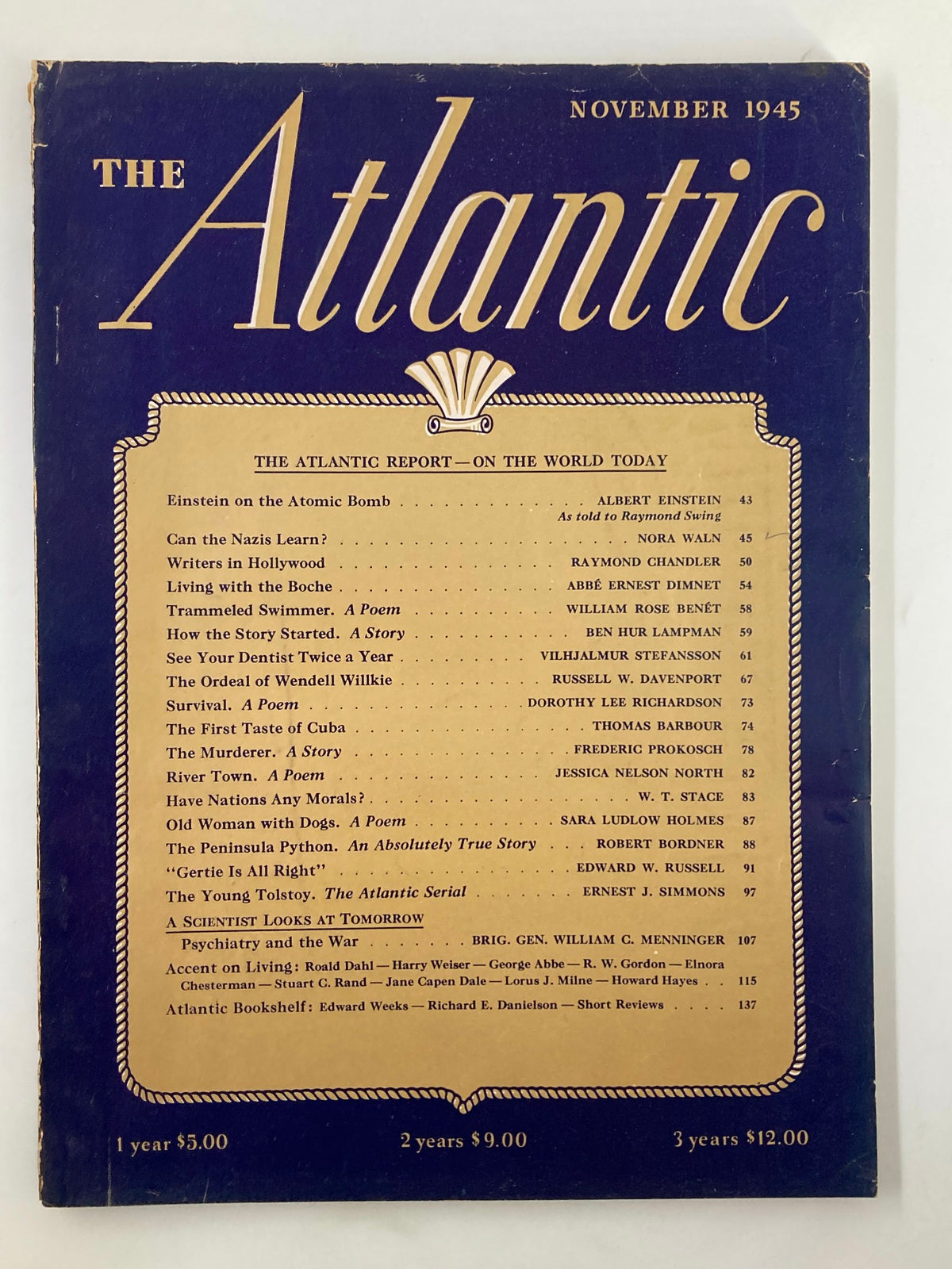 Vintage cover of VTG The Atlantic Magazine November 1945 featuring the title and article list, showcasing significant historical context in post-war America.