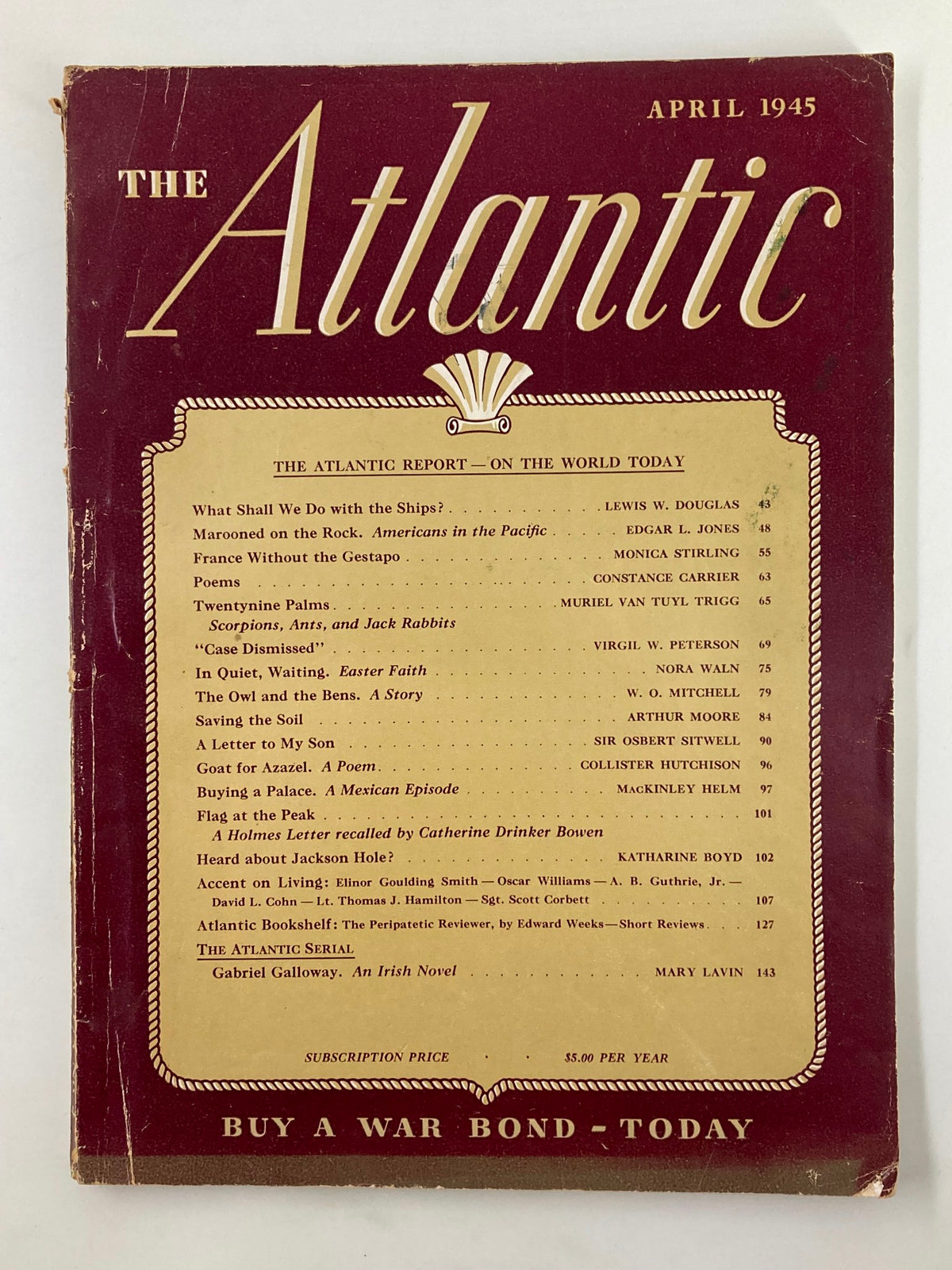 Cover of VTG The Atlantic Magazine April 1945 featuring the title and list of contents including "The Owl and The Bens" story.