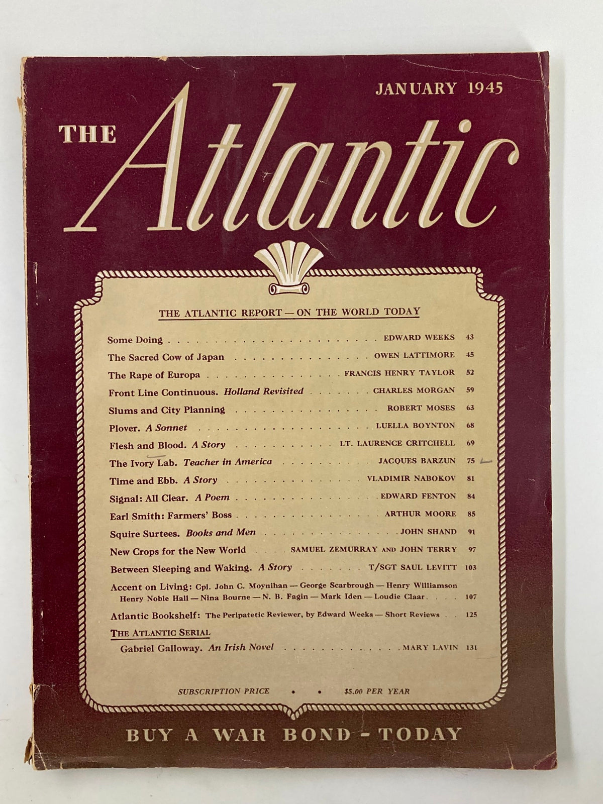 Cover of VTG The Atlantic Magazine January 1945 featuring the article 'The Sacred Cow of Japan' with a maroon background and listed contents.