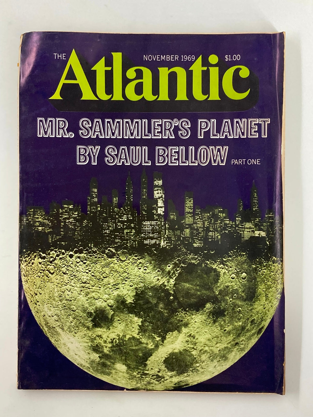 Cover of VTG The Atlantic Magazine from November 1969 featuring the title 'Mr. Sammler's Planet' by Saul Bellow with a lunar background and city skyline.
