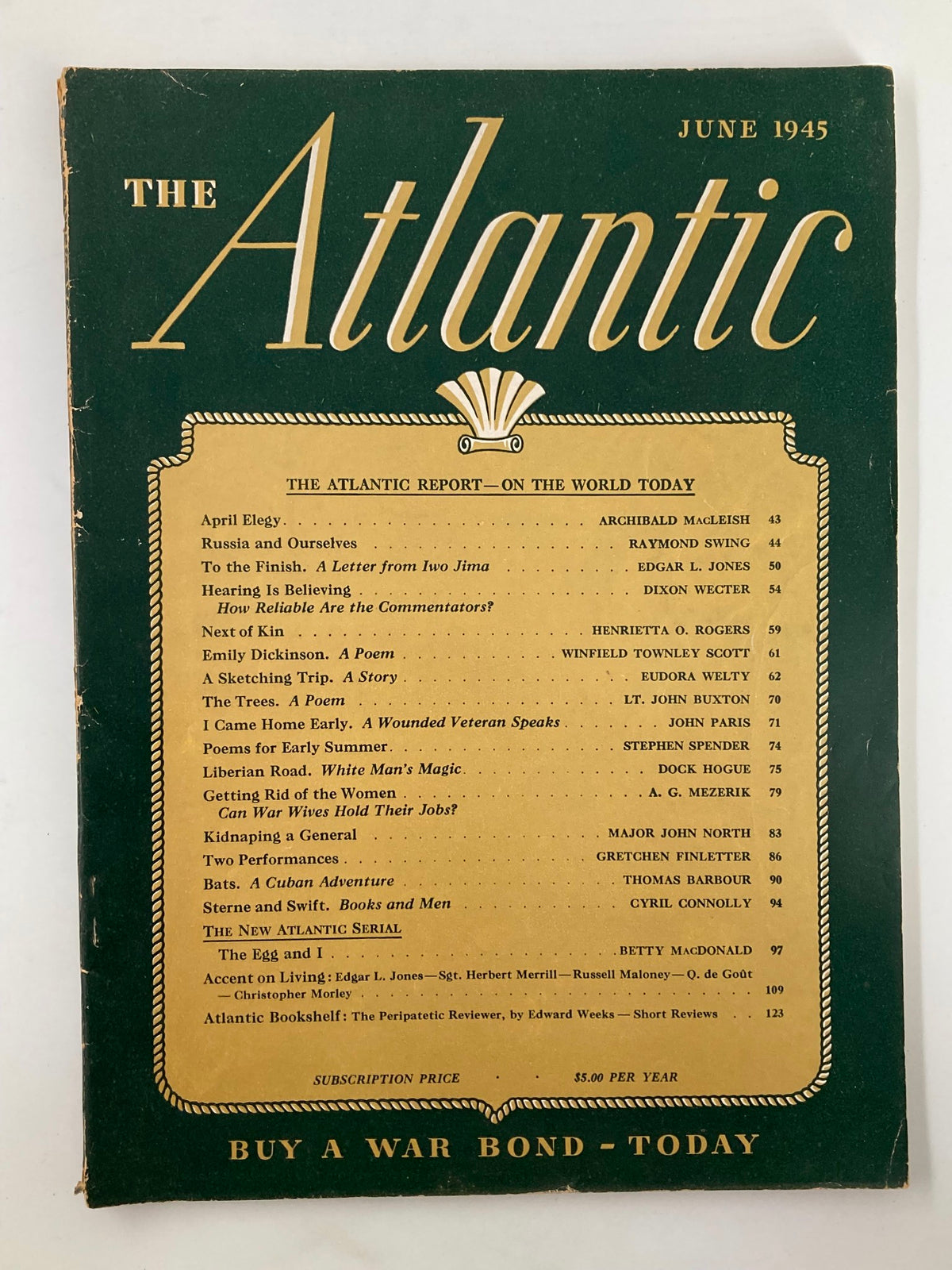 Cover of VTG The Atlantic Magazine from June 1945 featuring the article 'Getting Rid of Women' and a table of contents showcasing various literary works and authors.