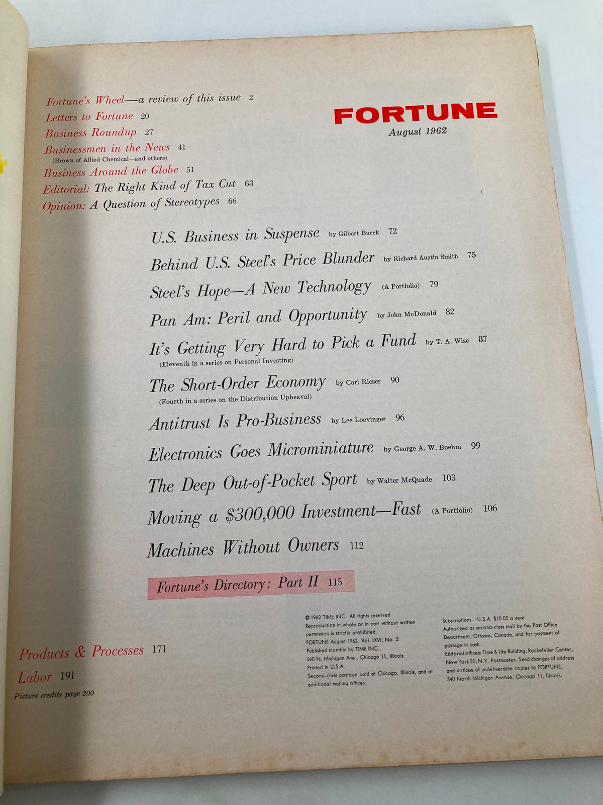 Table of contents from the VTG Fortune Magazine August 1962, highlighting articles including 'Pan Am: Peril and Opportunity' and 'U.S. Business in Suspense'.