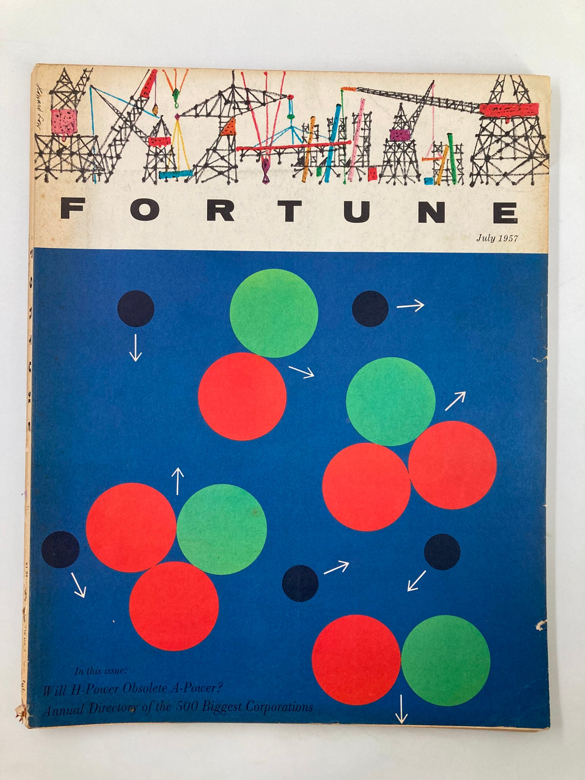 VTG Fortune Magazine July 1957 cover featuring colorful geometric patterns and industrial illustrations, addressing the question 'Will H-Power Obsolete A-Power?'. This vintage issue is a fascinating artifact from mid-20th century economic discussions.