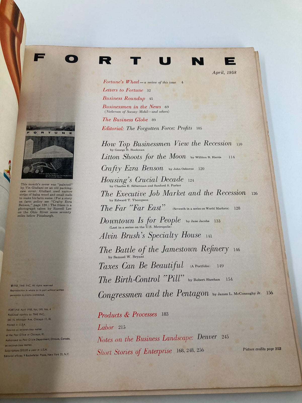 Interior page of VTG Fortune Magazine April 1958 showcasing the table of contents. Lists featured articles such as 'How Top Businessmen View the Recession'.