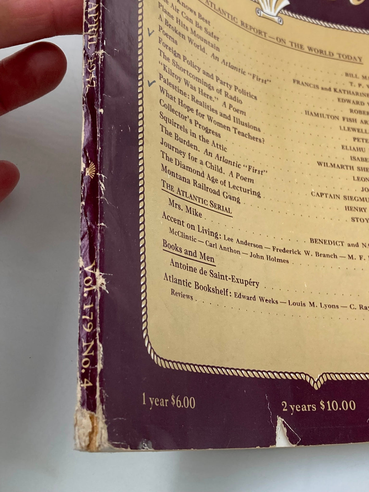 Side view of VTG The Atlantic Magazine April 1947 showing worn edges and details from the publication's spine and pricing information.
