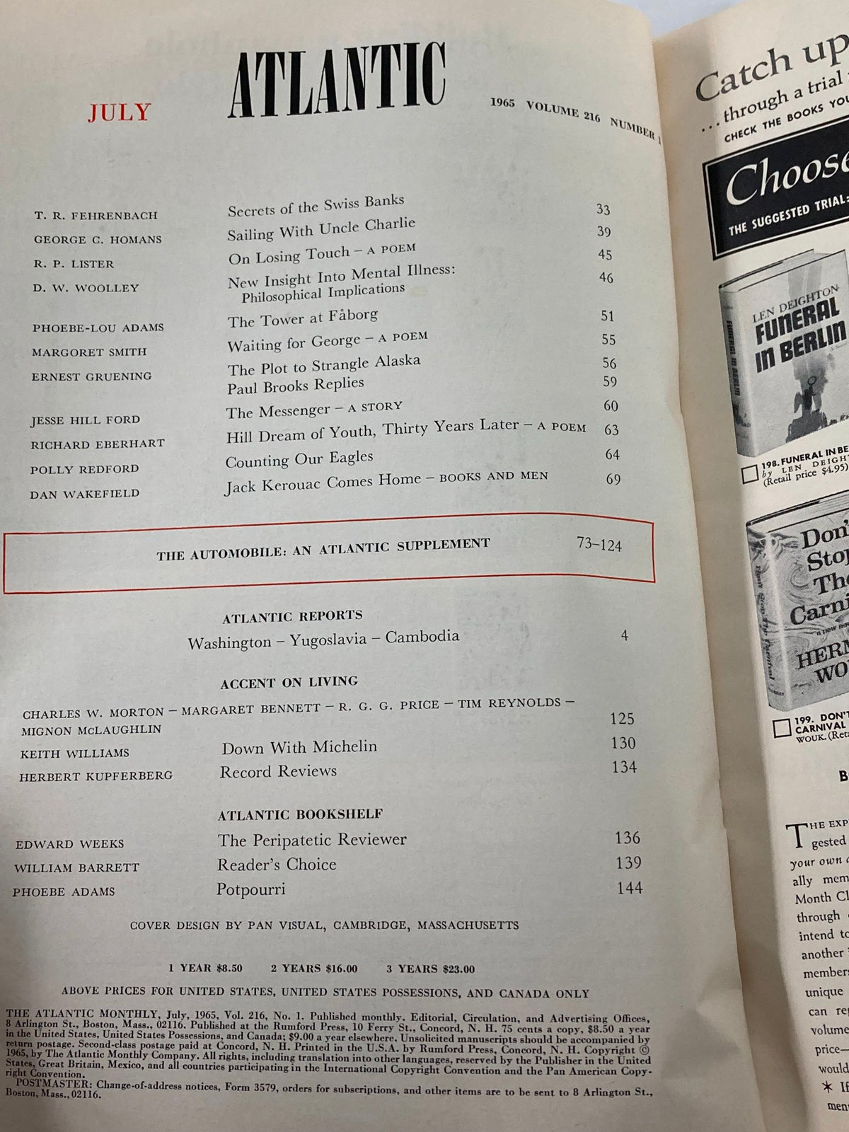 Interior page of the July 1965 issue of The Atlantic Magazine, displaying the table of contents that includes 'New Insight Into Mental Illness'.