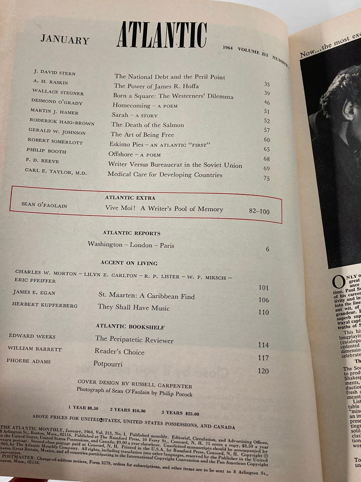 Table of contents from the January 1964 issue of The Atlantic Magazine, highlighting articles including Sean O'Faolain's 'Vive Moi!', set within a classic formatted layout.